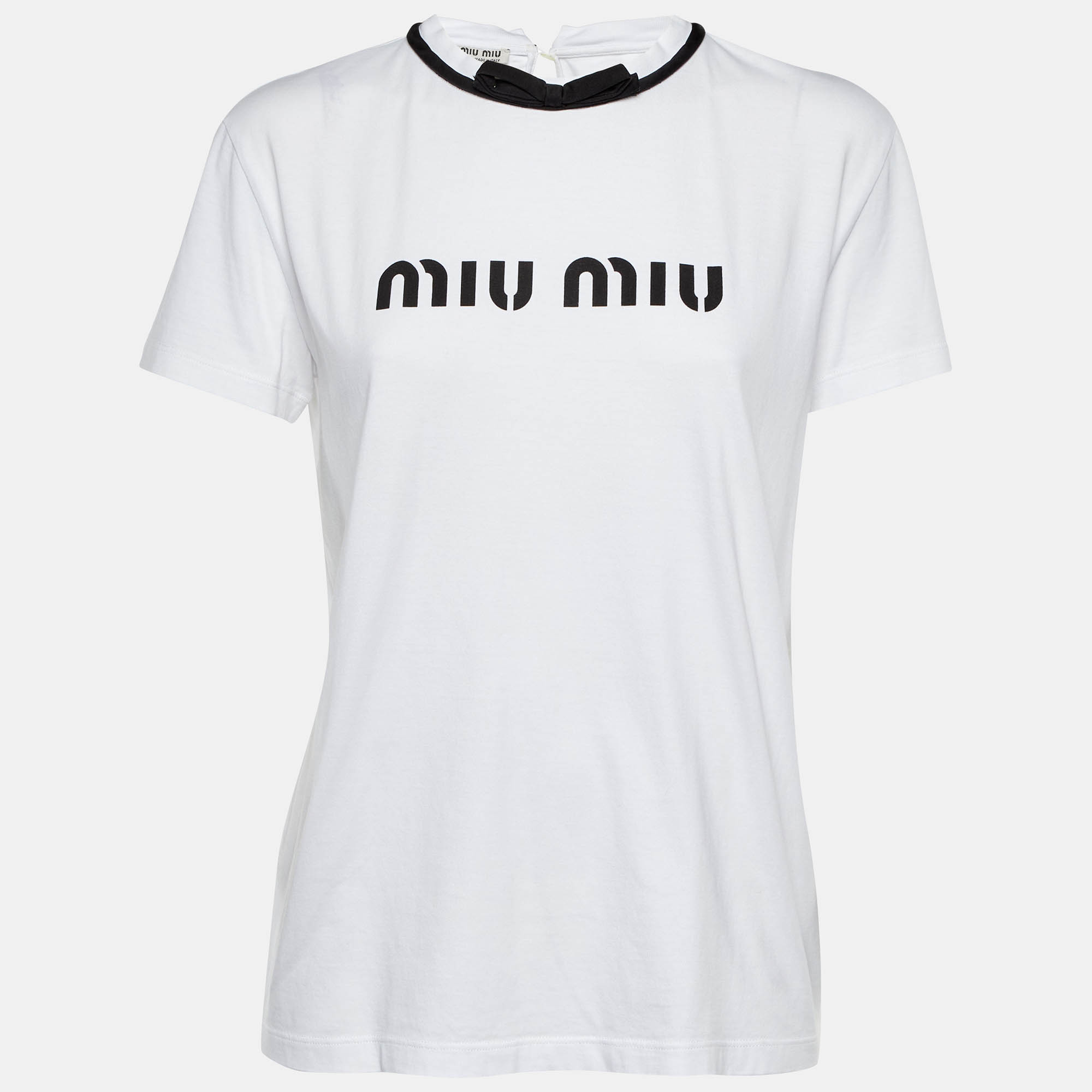 

Miu Miu White Logo Print Cotton Bow Detail T-Shirt M