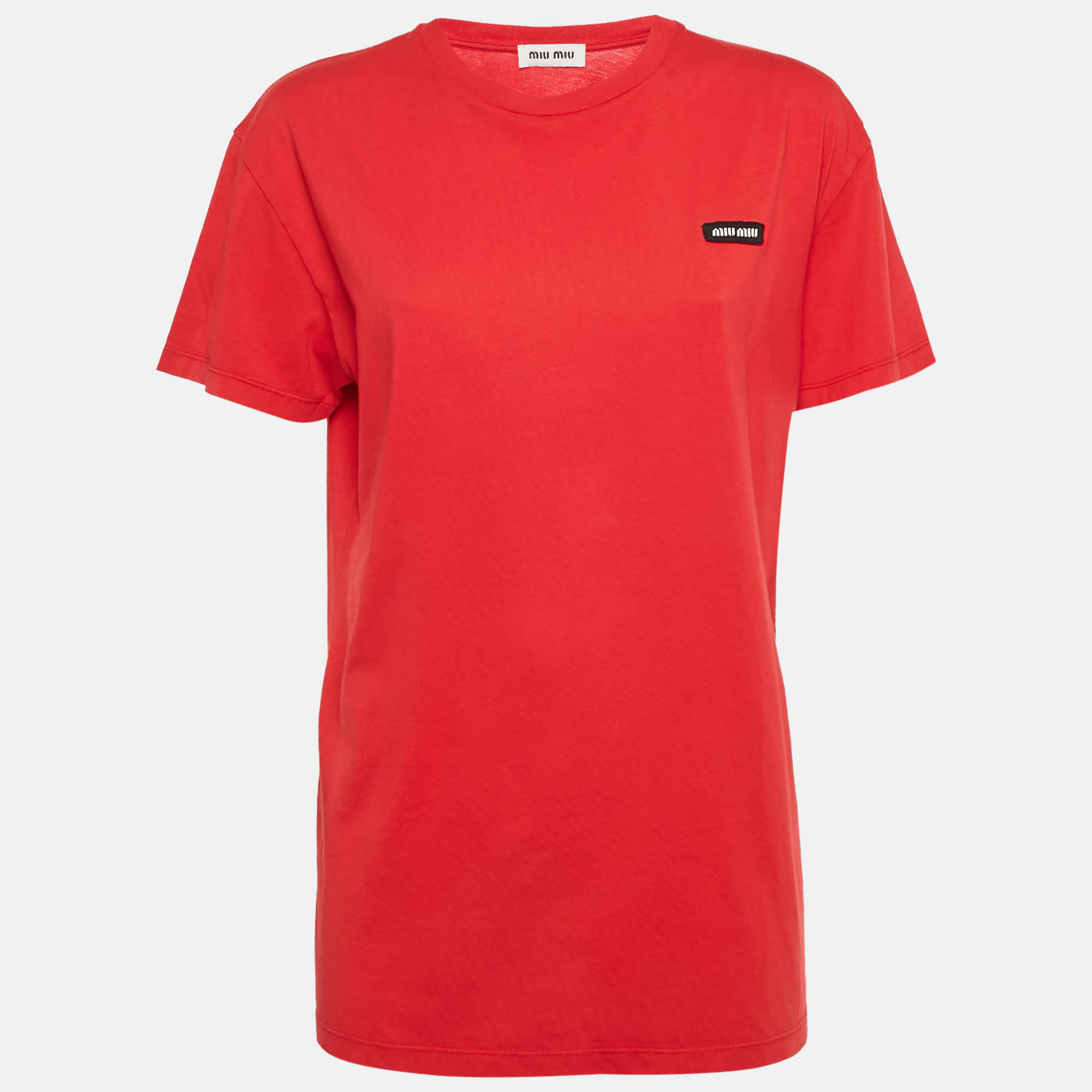 Pre-owned Miu Miu Red Logo-patch Jersey Crewneck T-shirt L