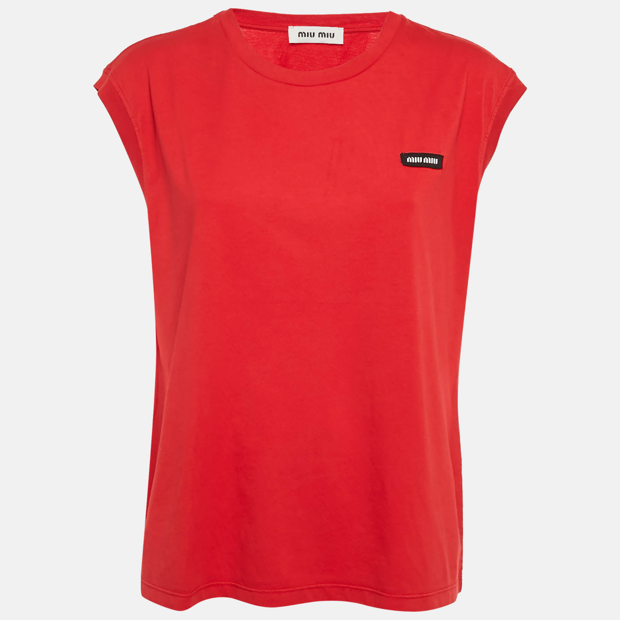 Miu Miu Red Logo-Patch Jersey Sleeveless T-Shirt L