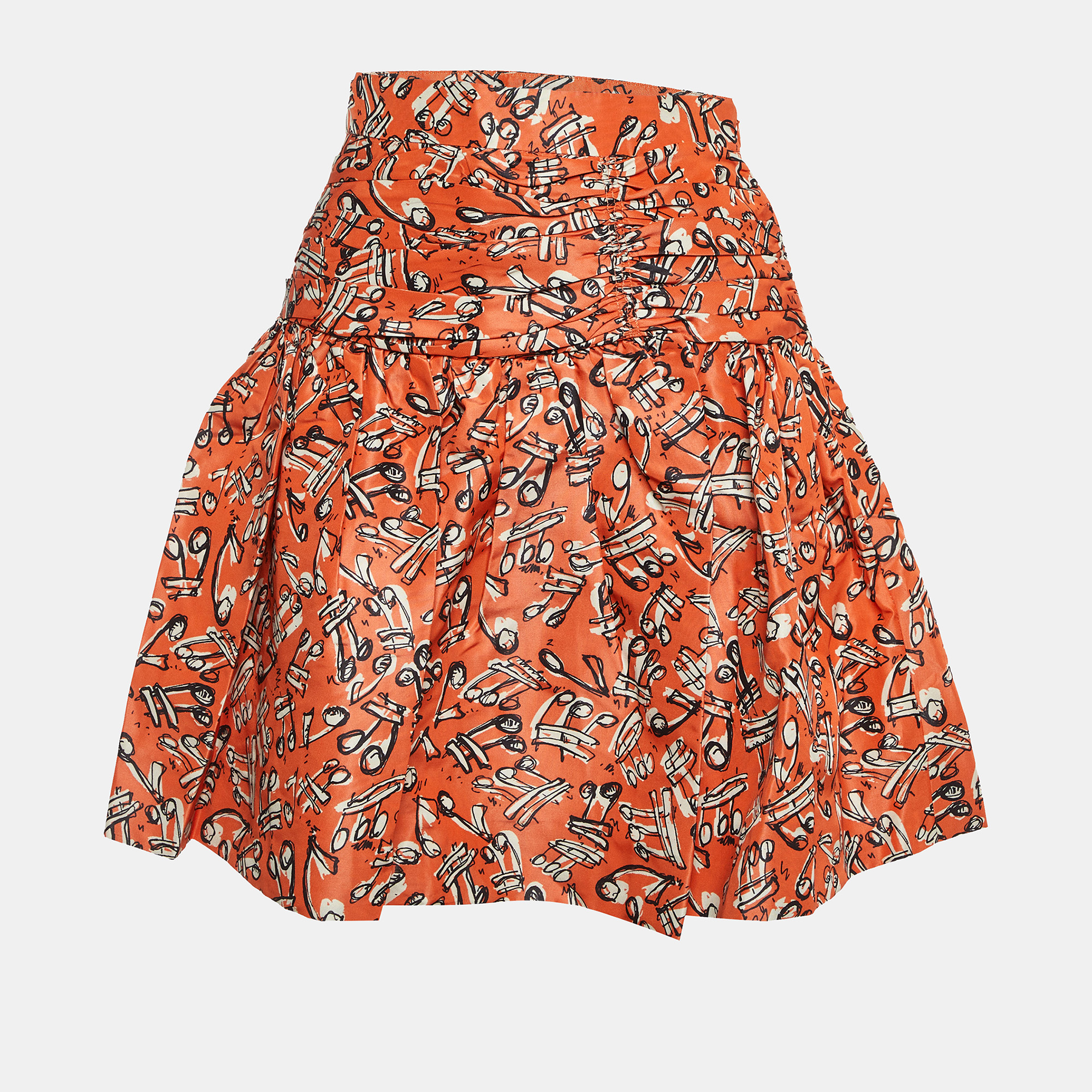 Pre-owned Miu Miu Orange Printed Silk Pleated Mini Skirt S