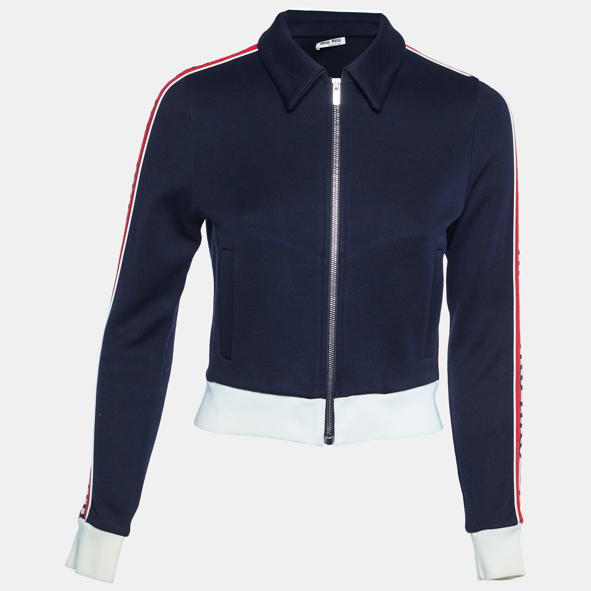

Miu Miu Navy Blue Cotton Blend Logo Tape Knit Zip Up Jacket M