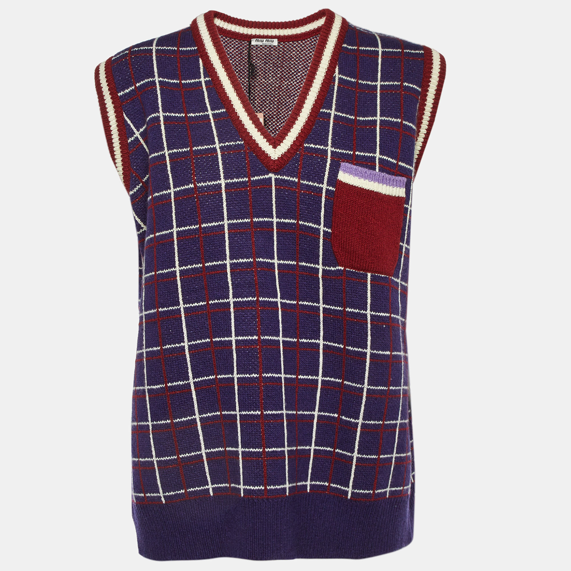 

Miu Miu Blue Contrast Detail Wool Knit Sleeveless Sweater S, Navy blue