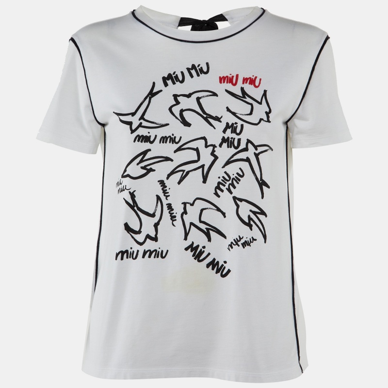 Pre-owned Miu Miu White Bird Print Cotton Knit Tie-up Detail Top S