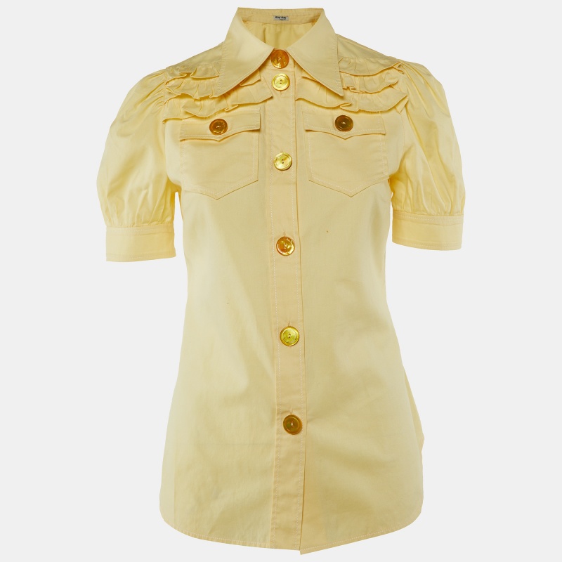 Pre-owned Miu Miu Yellow Cotton Ruffled Button Front Shirt Xs
