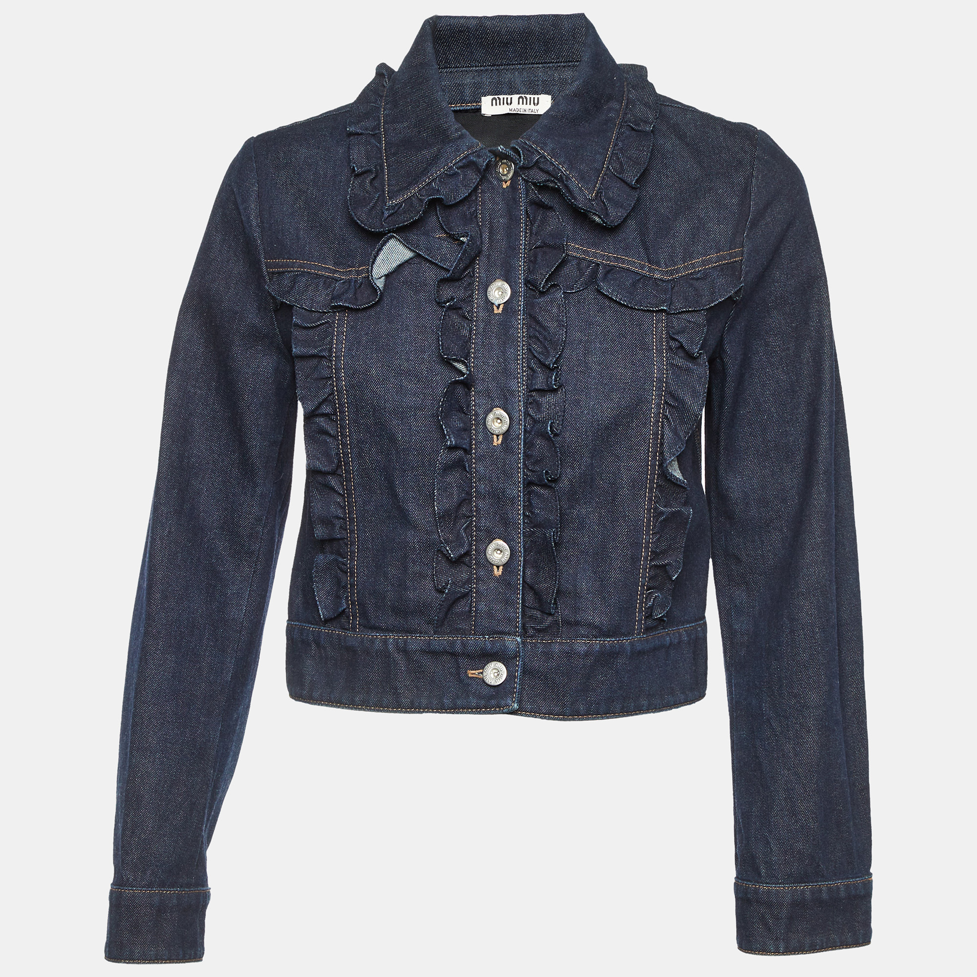 Pre-owned Miu Miu Dark Blue Denim Ruffled Crop Jacket S