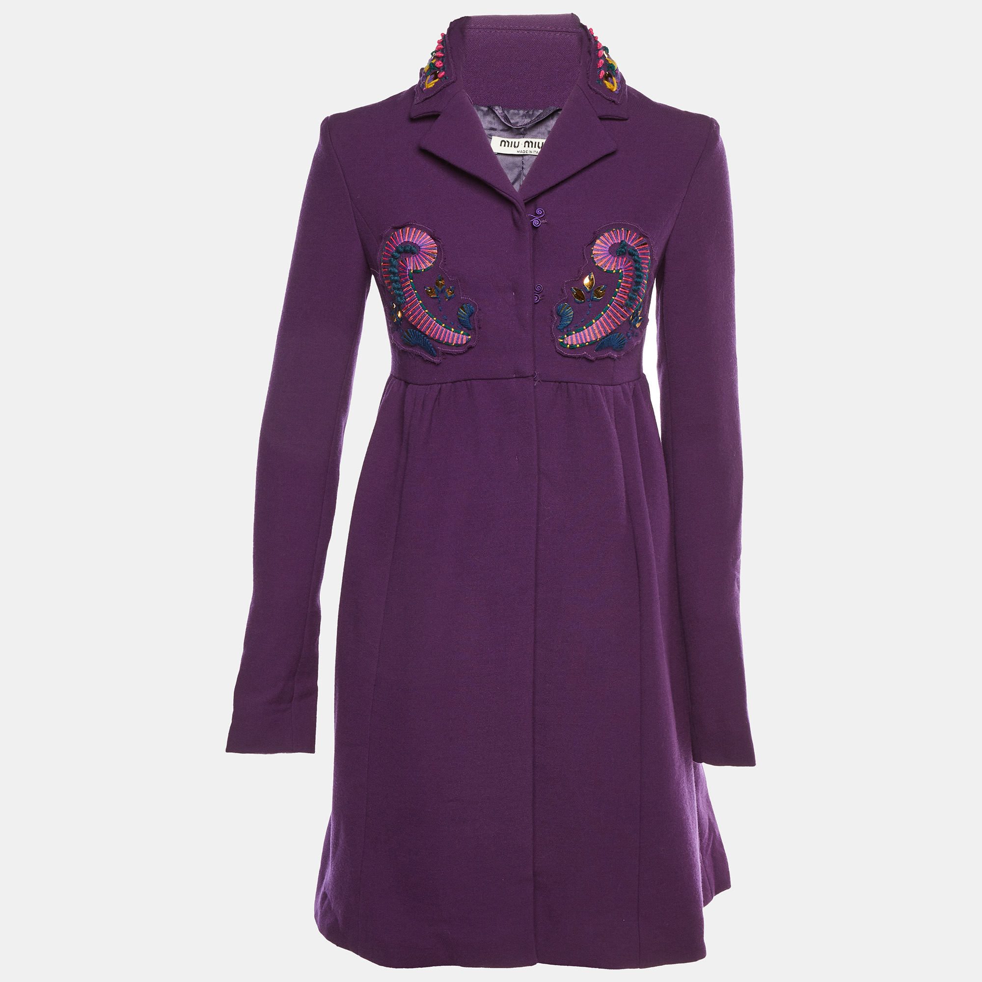 Pre-owned Miu Miu Purple Wool Embellished Long Sleeve Coat S