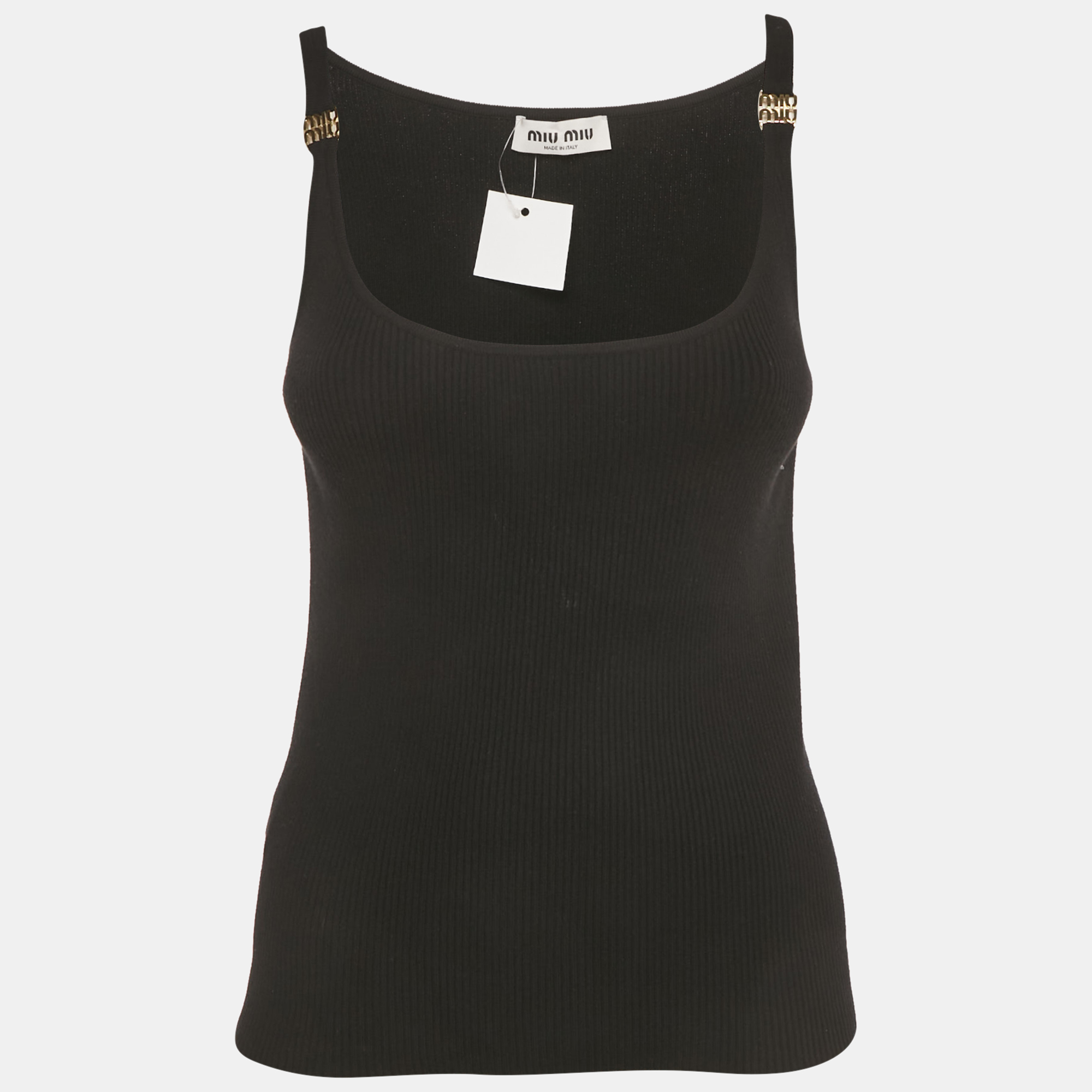 

Miu Miu Black Rib Knit Logo Detail Strap Tank Top M
