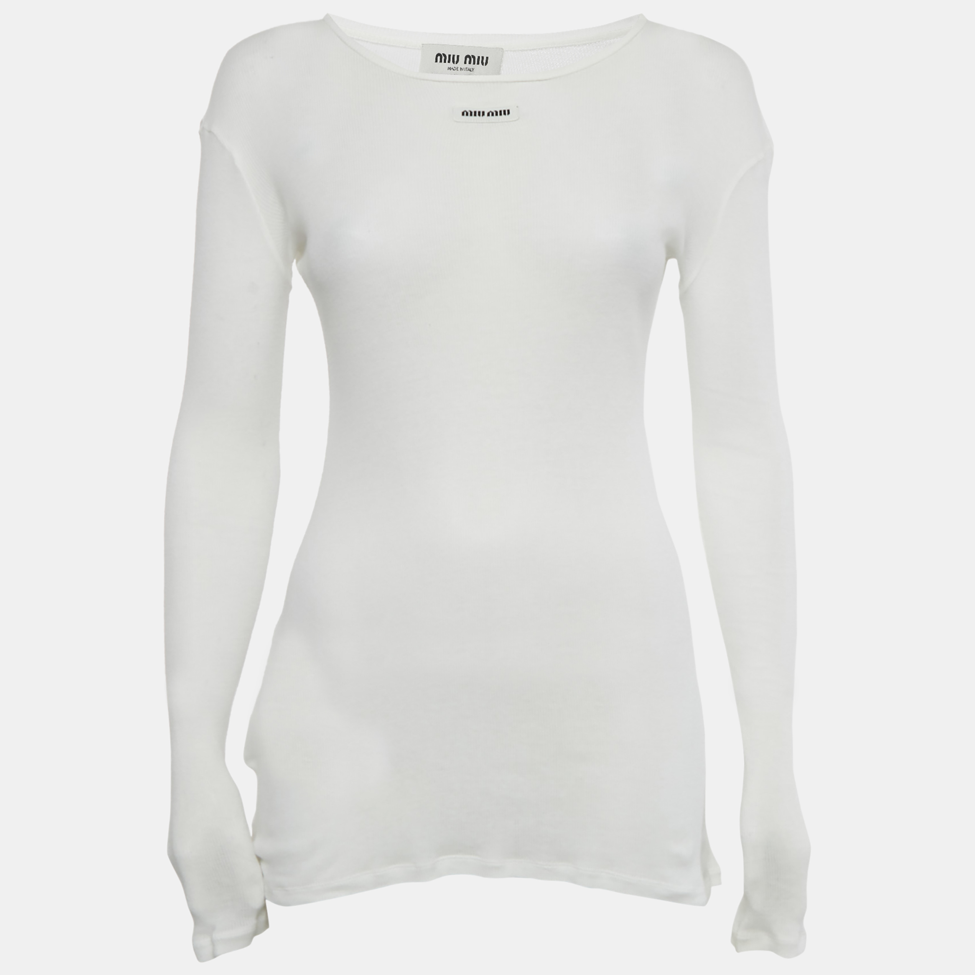 

Miu Miu White Logo Applique Rib Knit Top XS