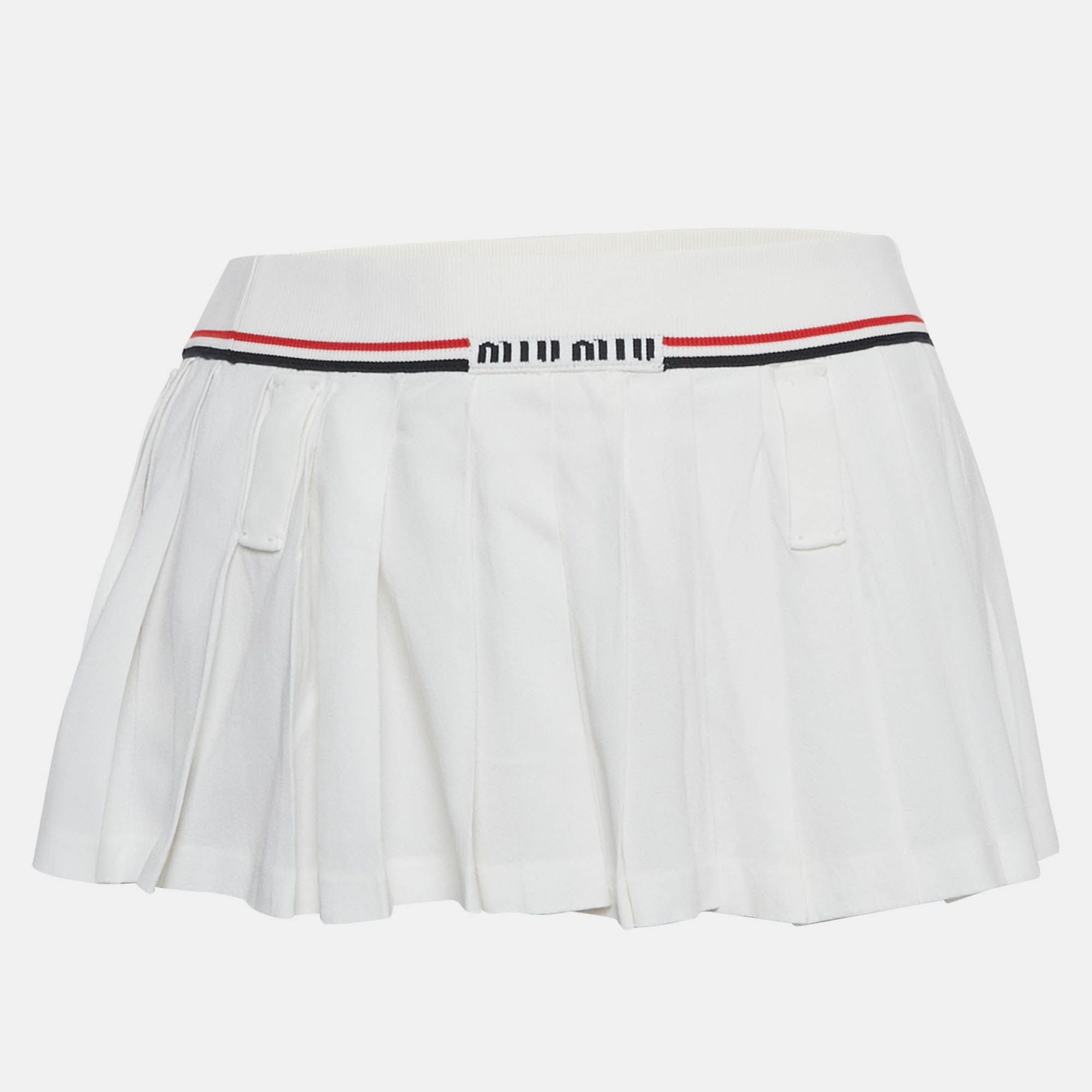 Pre-owned Miu Miu White Crepe Rib Waist Pleated Micro Skirt S
