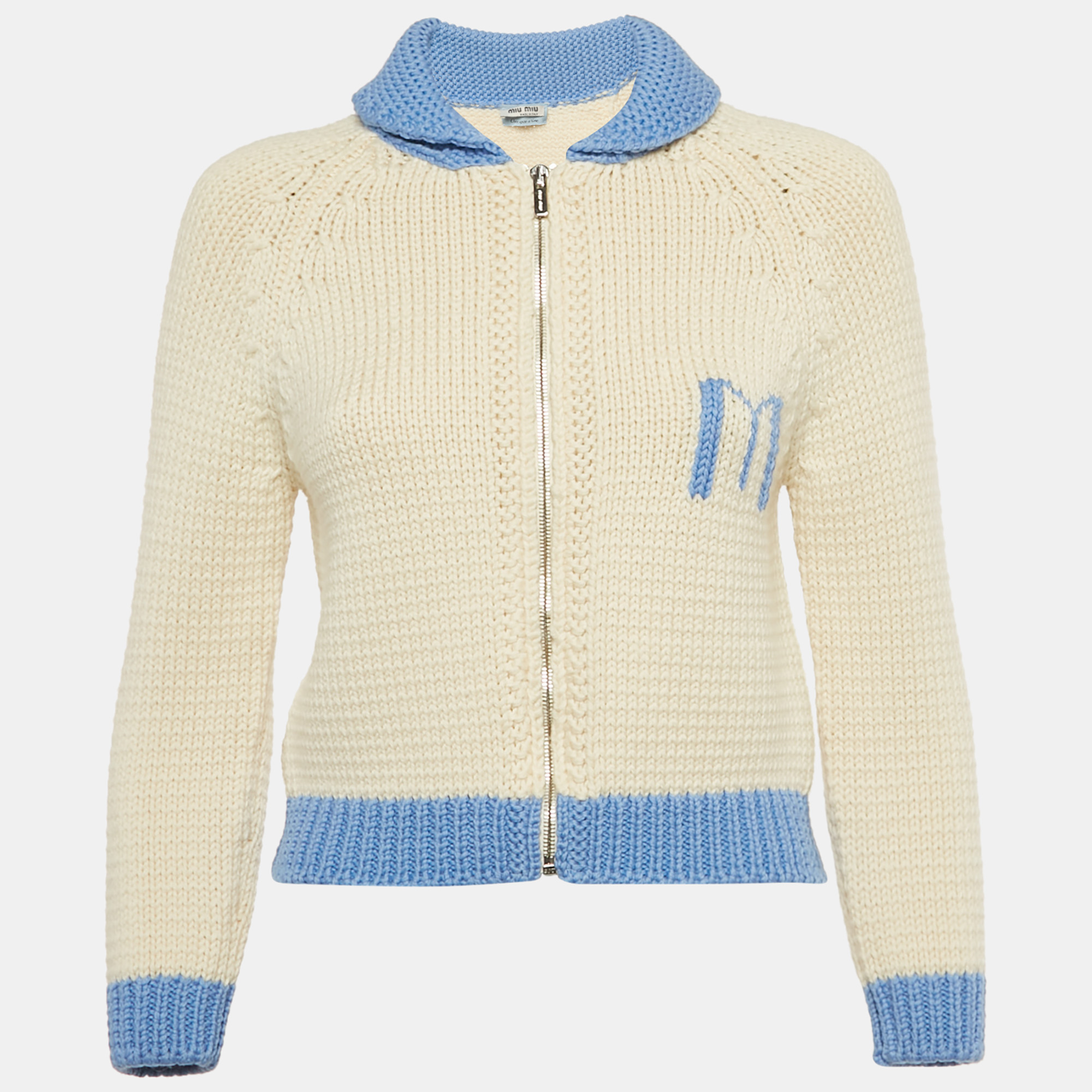 Pre-owned Miu Miu Off-white Wool Zip-up Once Upon A Time Sweater M