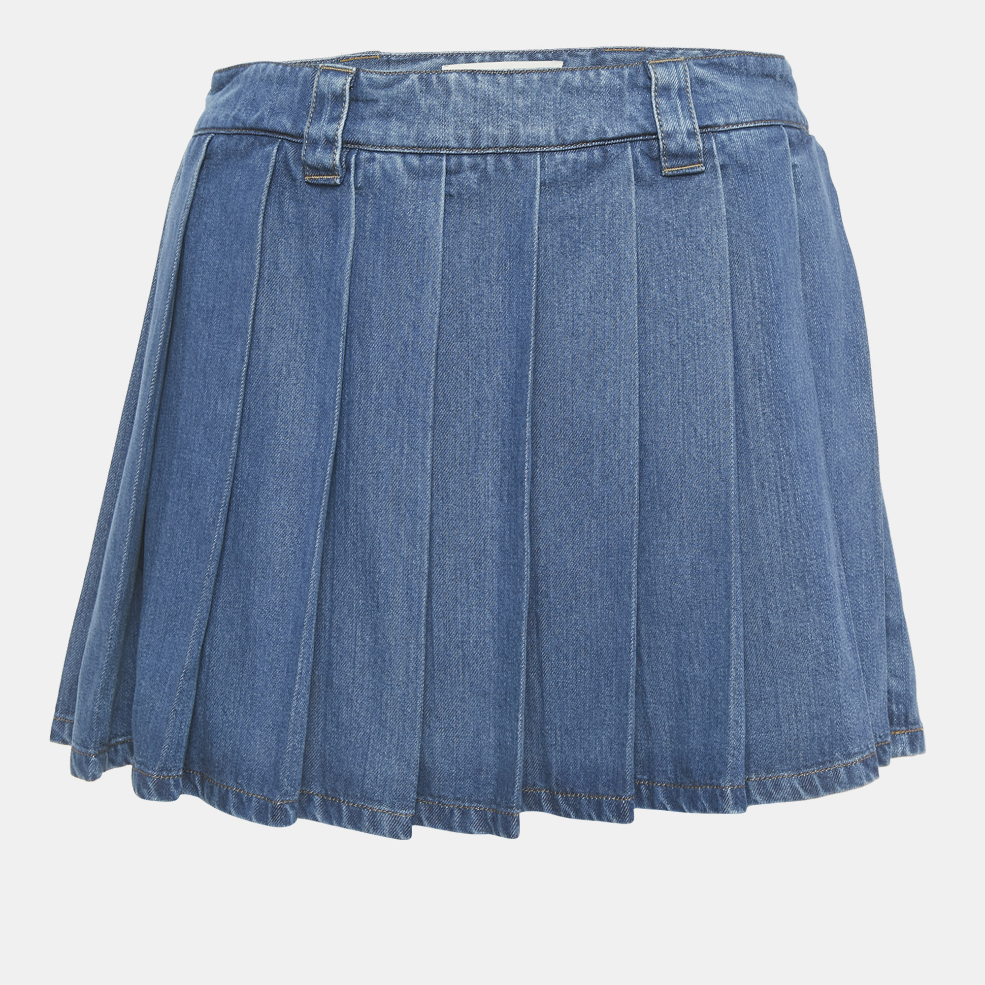 

Miu Miu Blue Logo Embroidered Peated Denim Mini Skirt XS