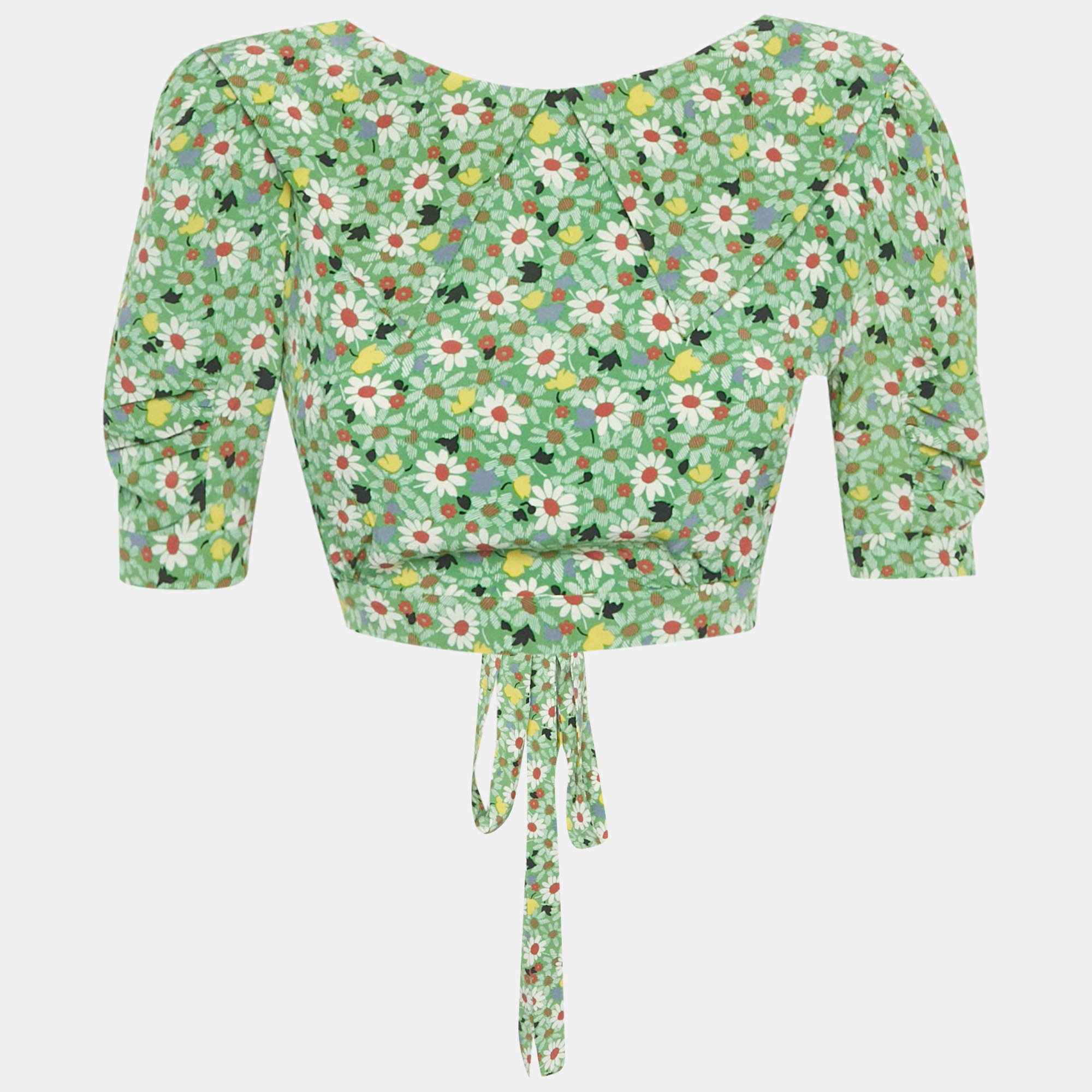 Pre-owned Miu Miu Green Floral Print Crepe Silk Tie Detail Crop Top S