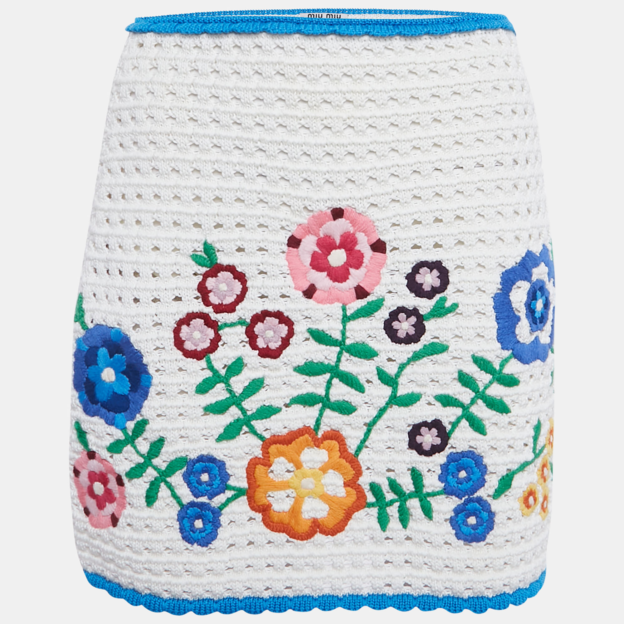 Pre-owned Miu Miu White Floral Embroidered Crochet Mini Skirt S