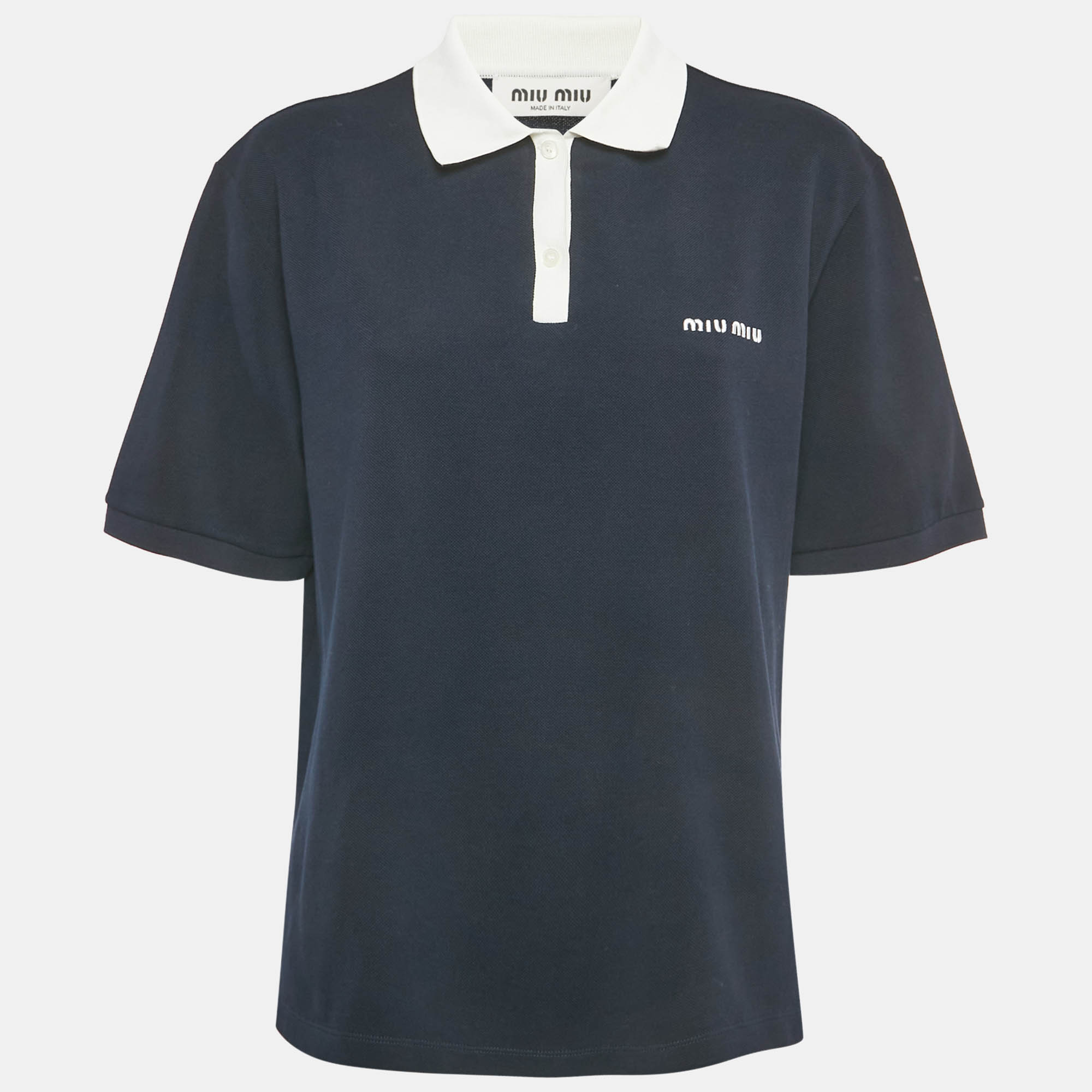 

Miu Miu Navy Blue Logo Embroidered Cotton Pique Polo T-Shirt L, Multicolor
