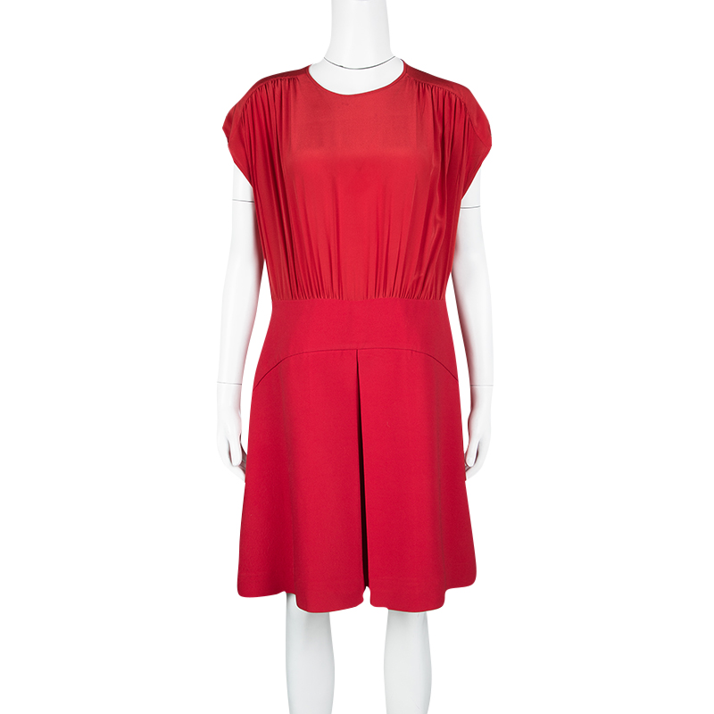 

Miu Miu Red Gathered Waist Inverted Pleat Detail Dress