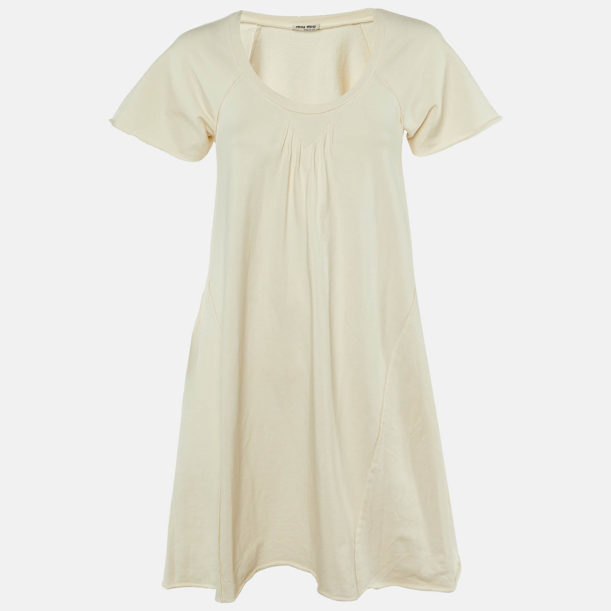 Pre-owned Miu Miu Cream Cotton Knit Round Neck T-shirt Dress L In White