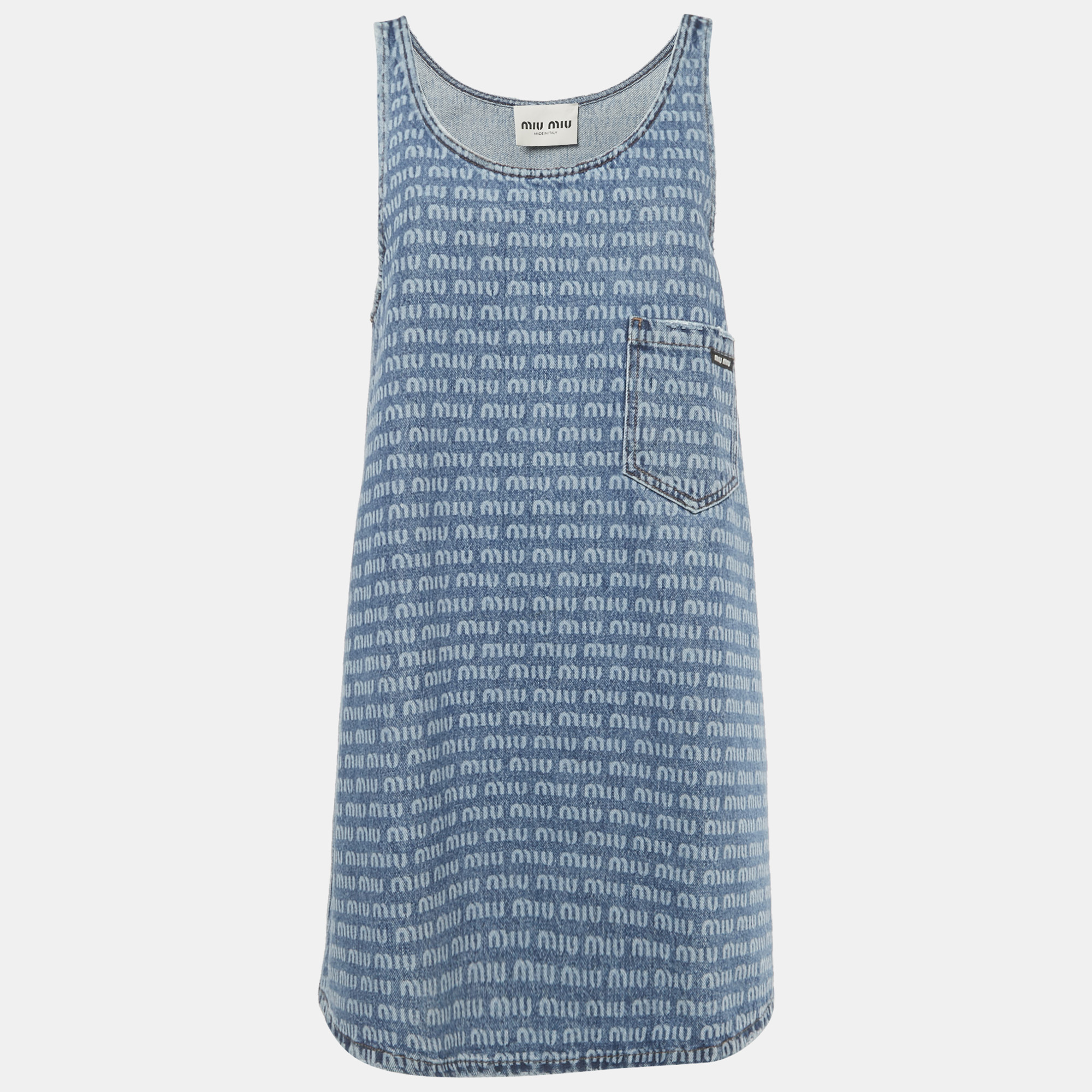 

Miu Miu Blue Logo Print Denim Sleeveless Shift Dress S