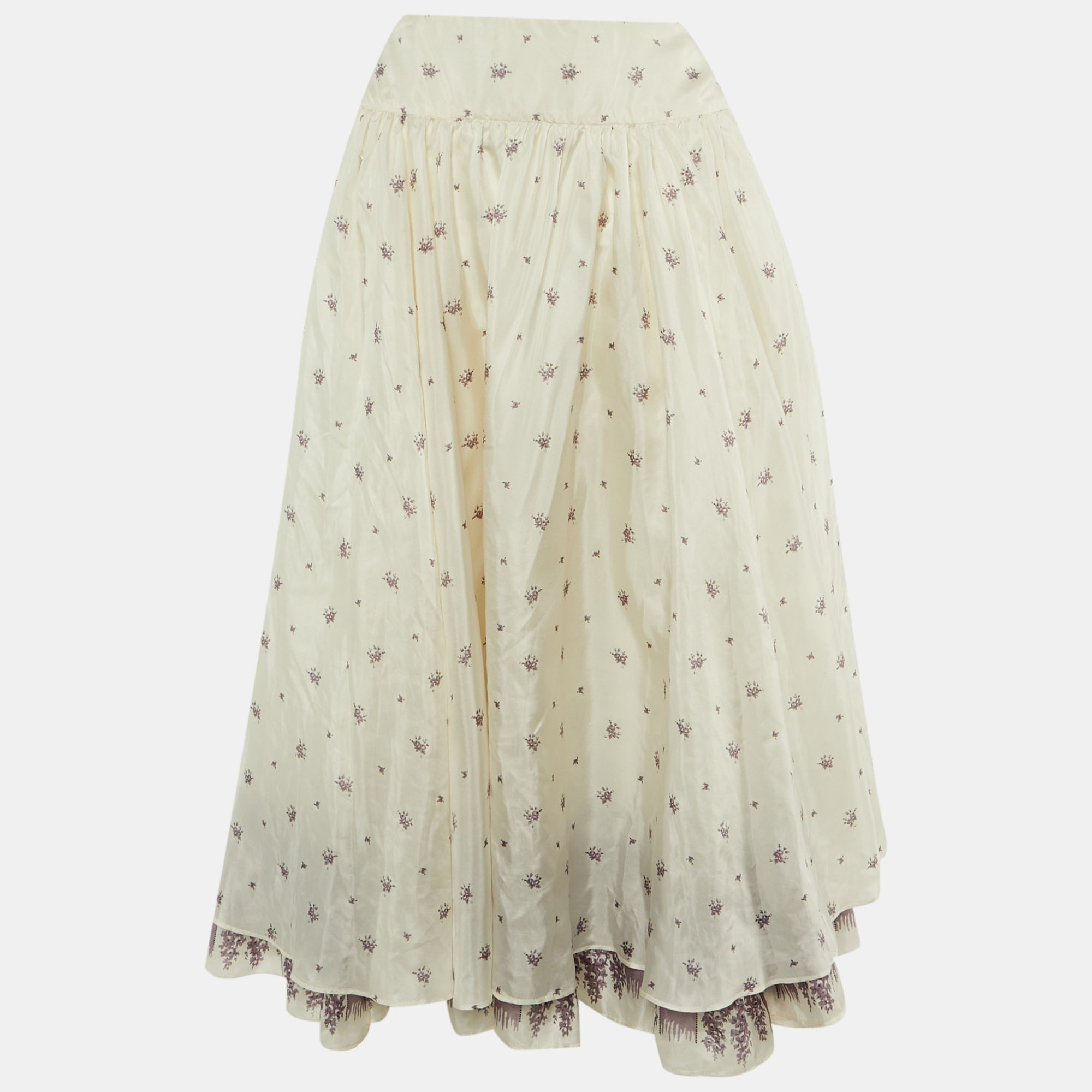 Pre-owned Miu Miu White Floral Print Silk Midi Skirt Xl
