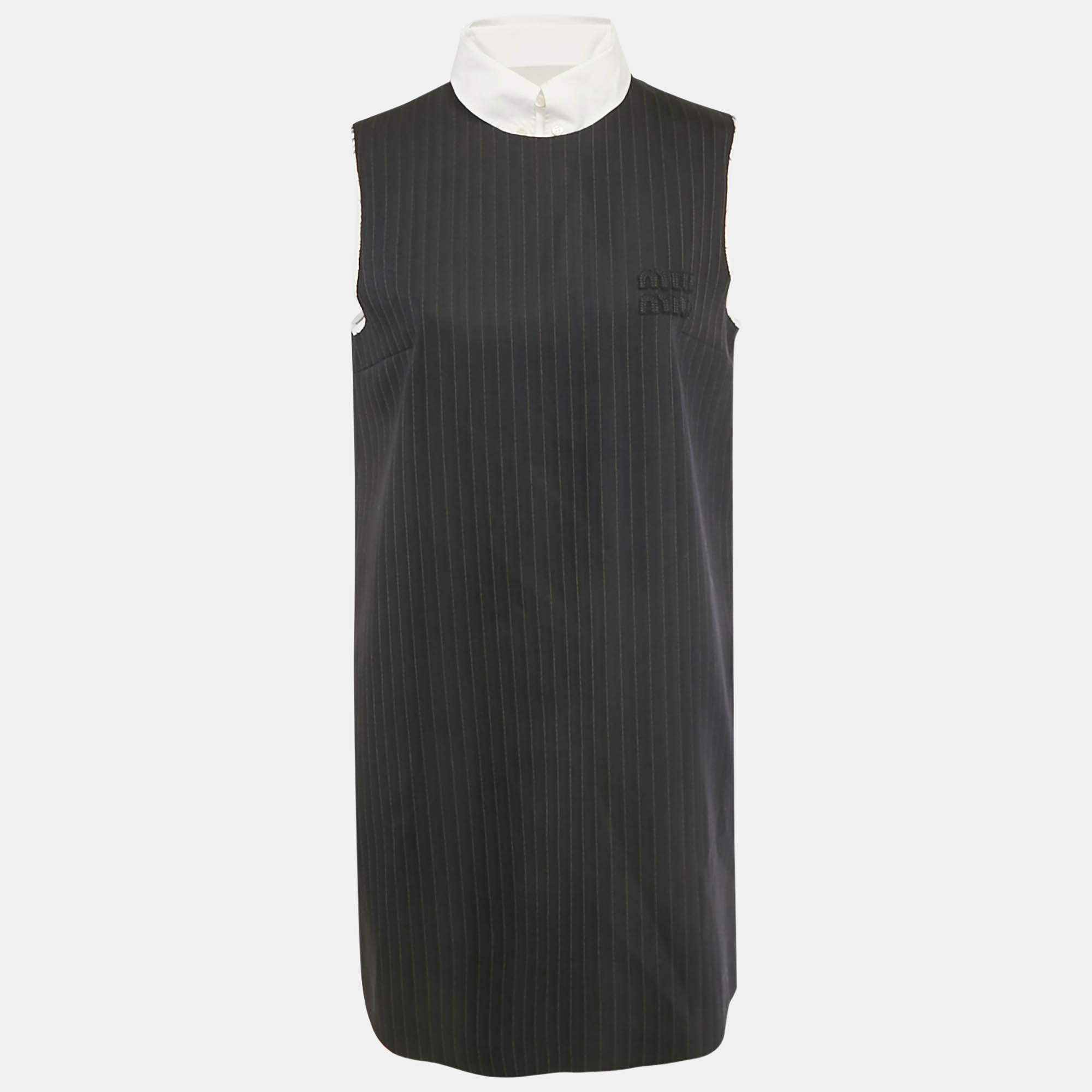 Pre-owned Miu Miu Navy Blue Pinstriped Wool Mock Collar Shift Dress M