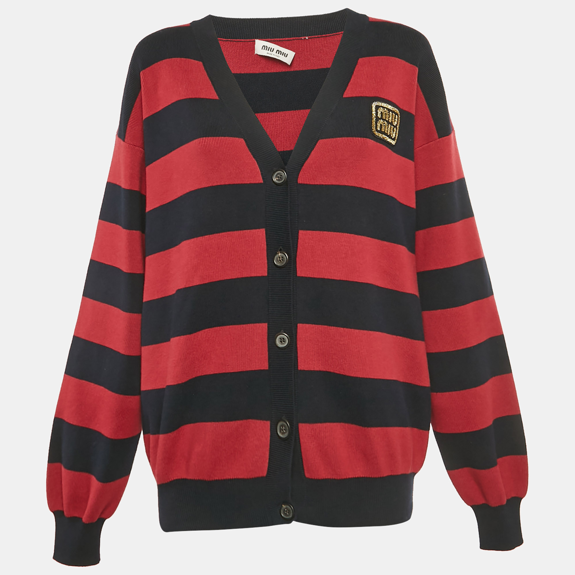 Pre-owned Miu Miu Pink/blue Striped Knit Logo Patch Cardigan S