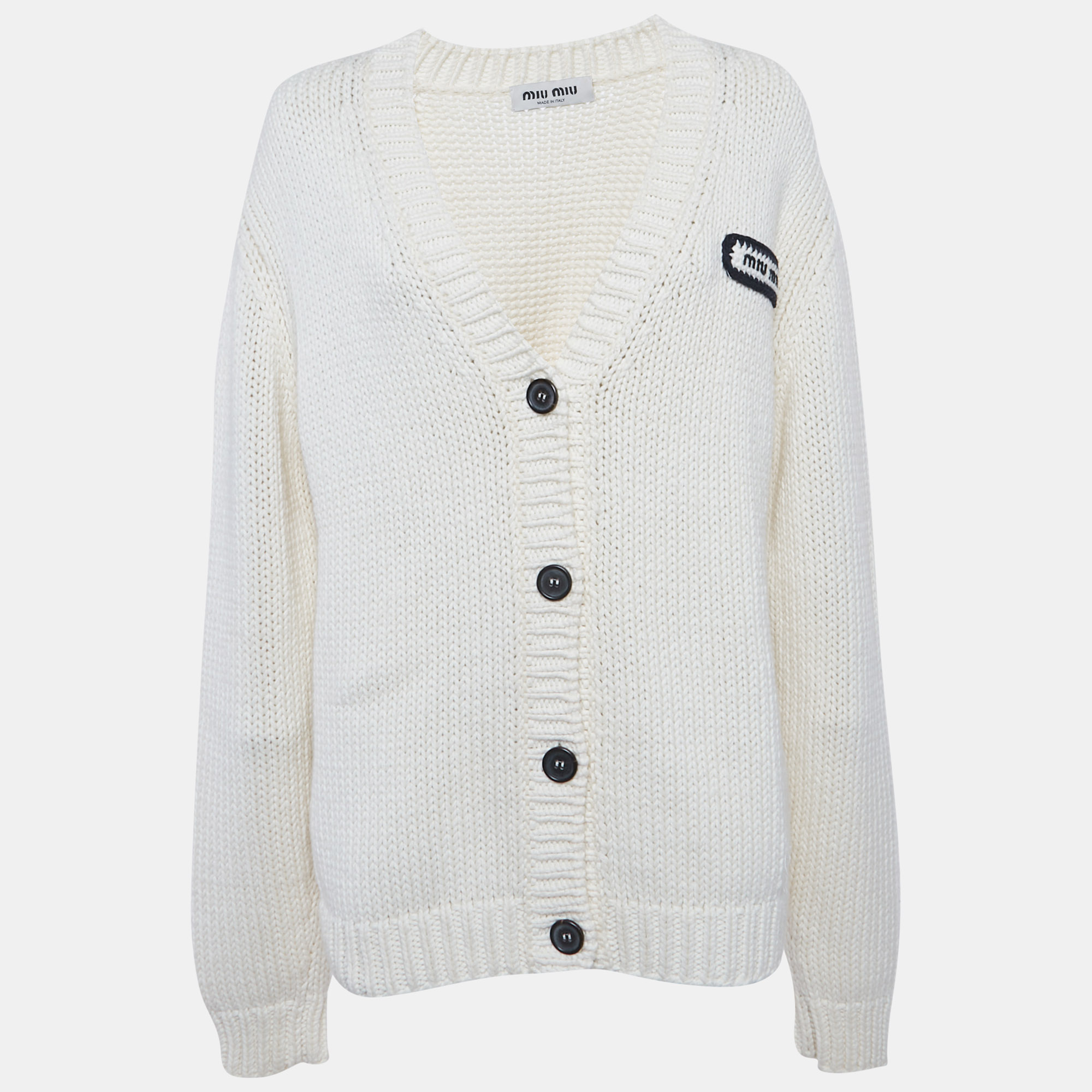 

Miu Miu White Logo Patch Rib Knit Cardigan L