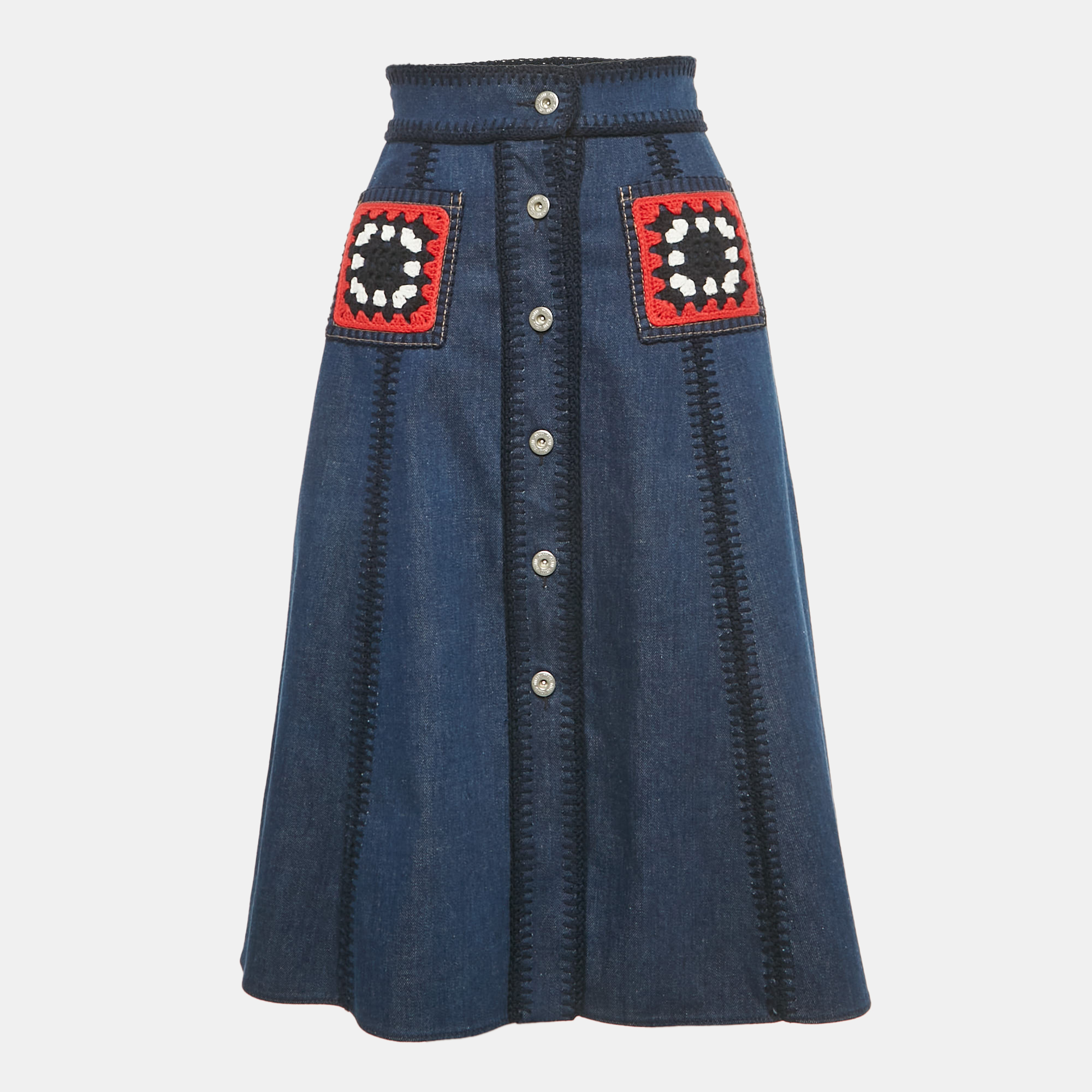 

Miu Miu Blue Crochet Pocket Denim Midi Skirt XS