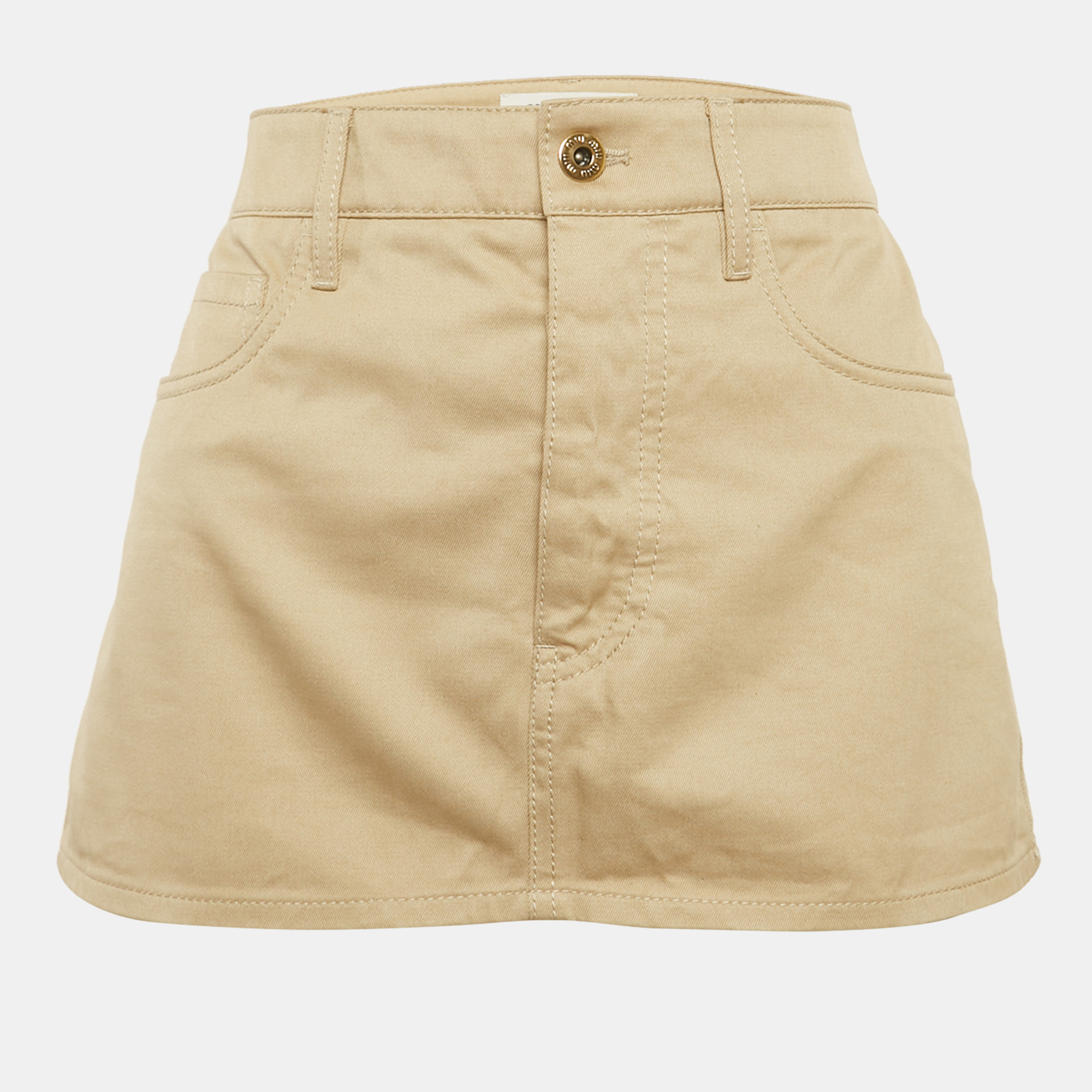 Pre-owned Miu Miu Beige Logo Applique Cotton Mini Skirt Xs In Sand