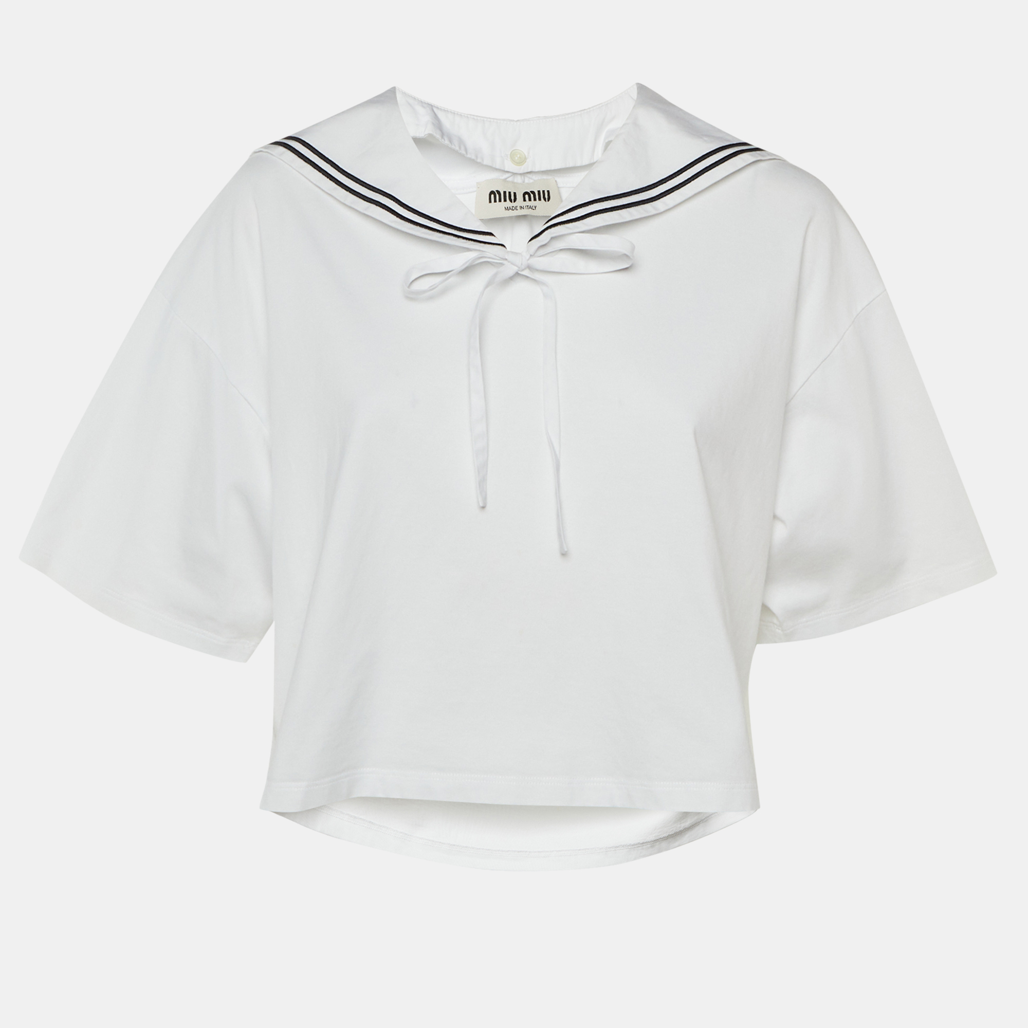 

Miu Miu White Cotton Logo Embroidered Sailor Collar T-Shirt L