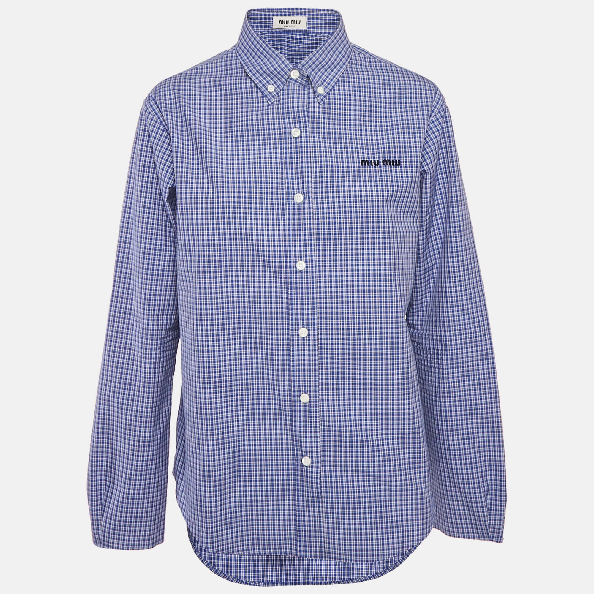 

Miu Miu Blue Checked Cotton Logo Embroidered Shirt M