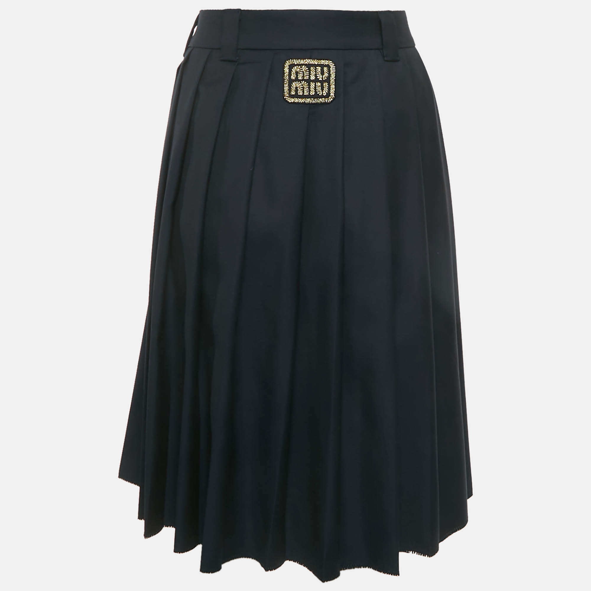 

Miu Miu Blue Logo Applique Wool Pleated Knee Length Skirt M