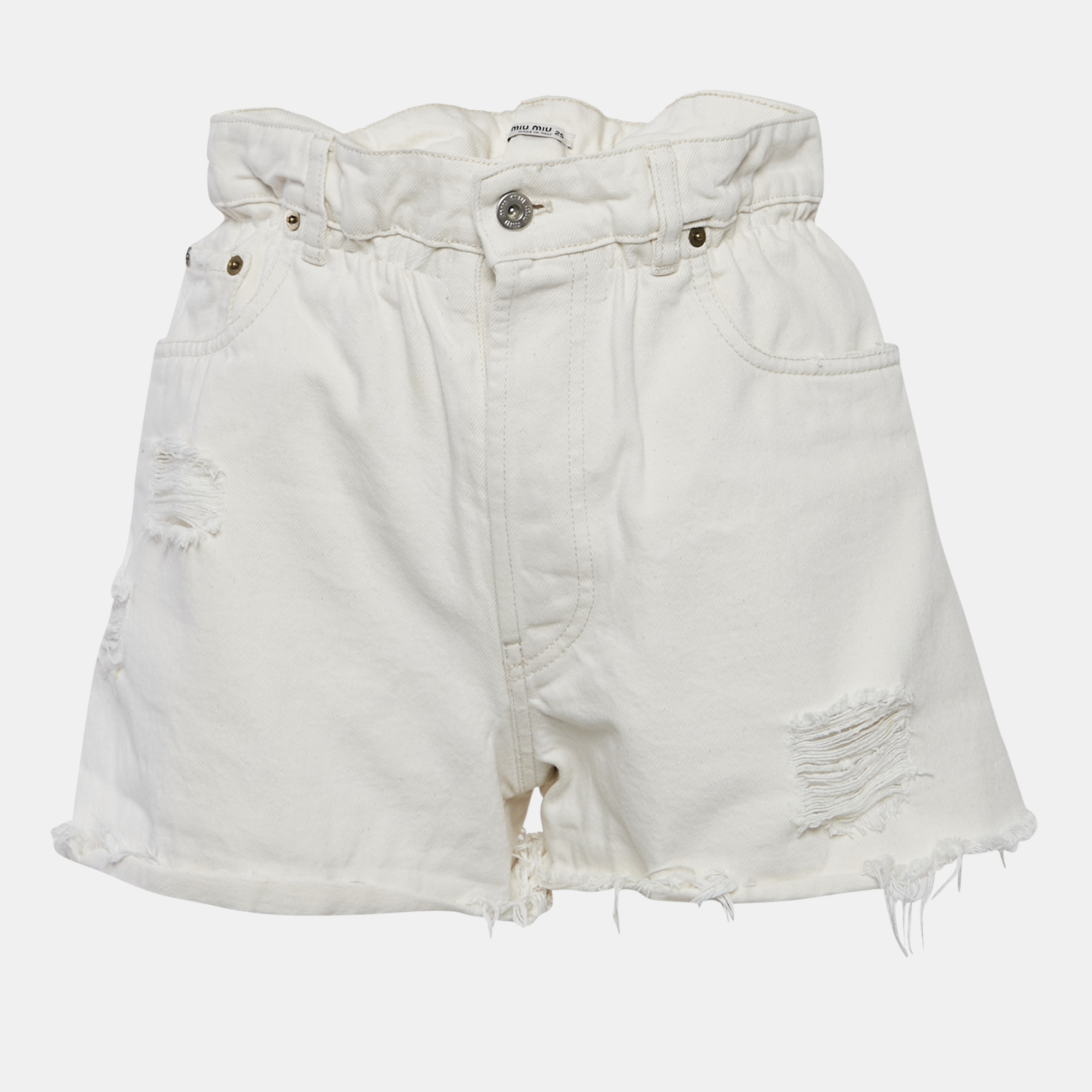 

Miu Miu Off-White Denim Elastic Waist Distressed Shorts S