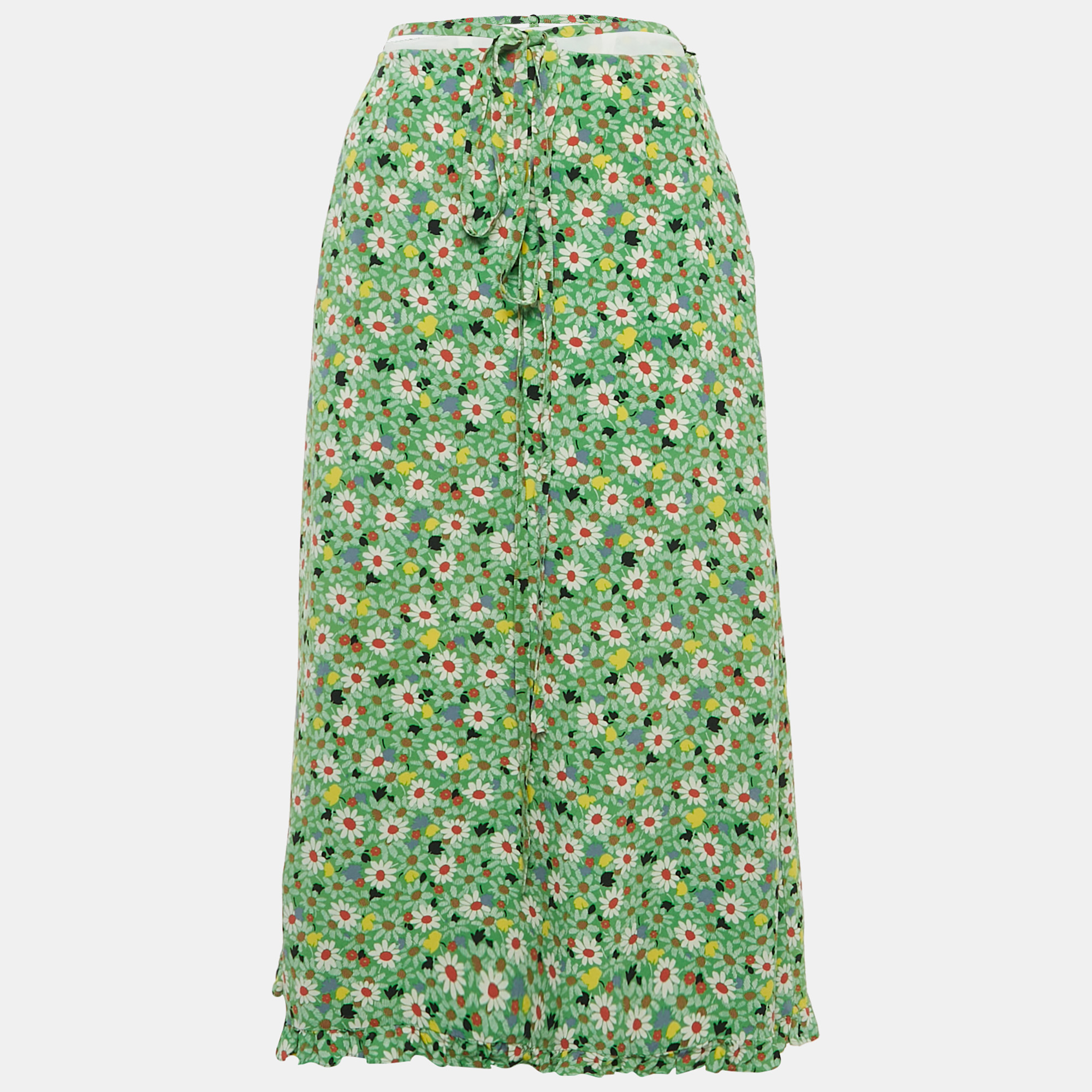 

Miu Miu Green Botanical Marocain Silk Midi Skirt S