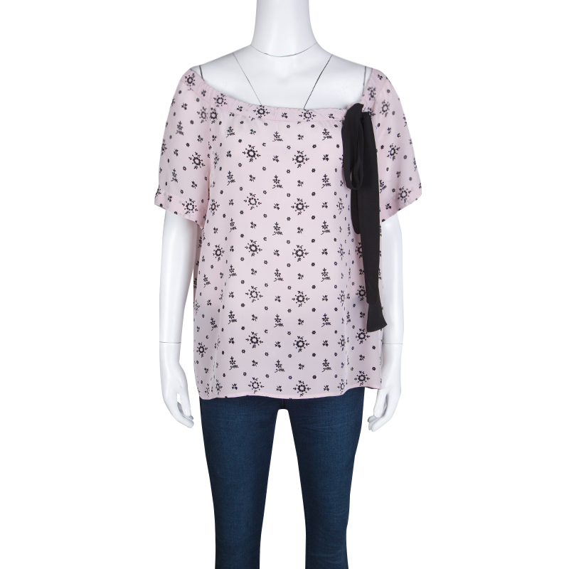 

Miu Miu Blush Pink Floral Print Neck Tie Detail Short Sleeve Top