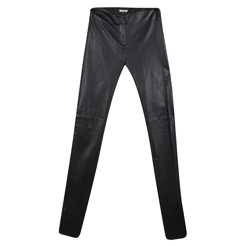 Miu Miu Black Leather Zip Detail High Rise Skinny Pants S