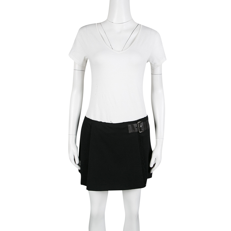 

Miu Miu Black Wool Leather Buckle Detail Mini Skort