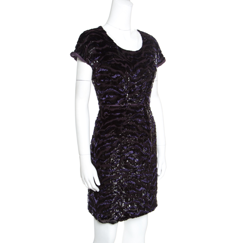 

Miu Miu Dark Purple Metallic Animal Pattern Velvet Burnout Sheath Dress