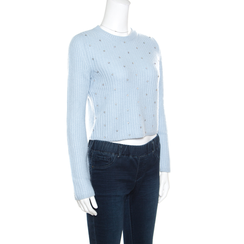 

Miu Miu Powder Blue Crystal Embellished Cropped Cashmere Sweater