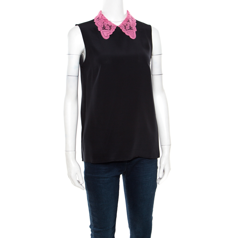 

Miu Miu Black Silk Contrast Lace Collar Sleeveless Boxy Blouse