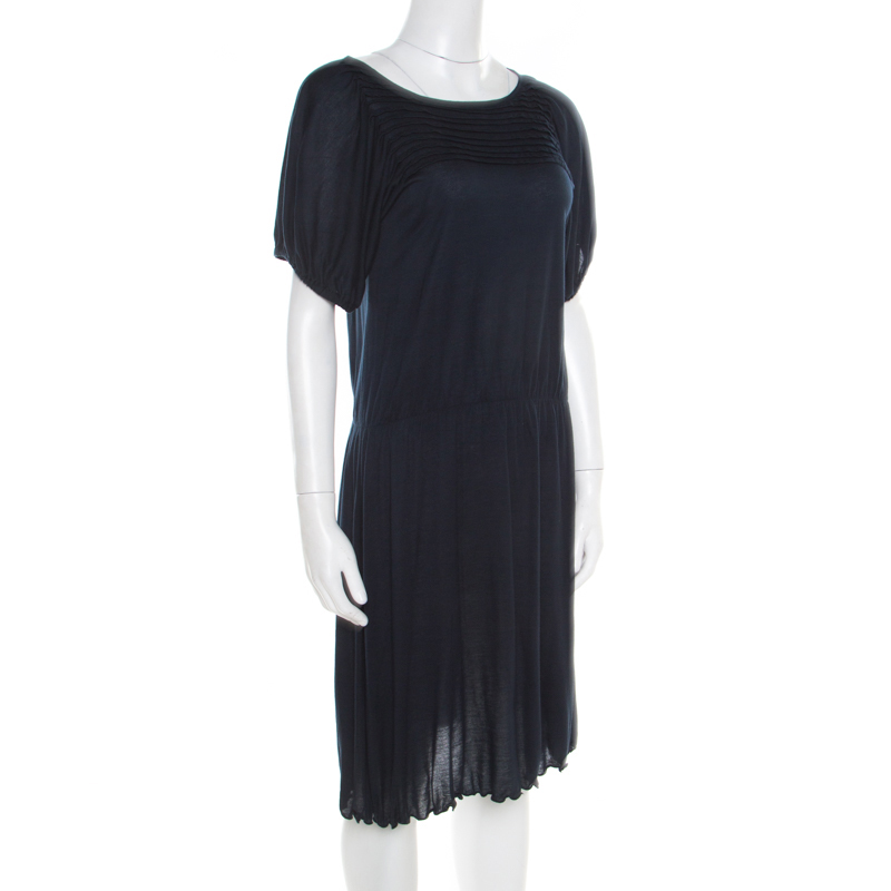 Pre-owned Miu Miu Navy Blue Cotton Jersey Gathered Dress S