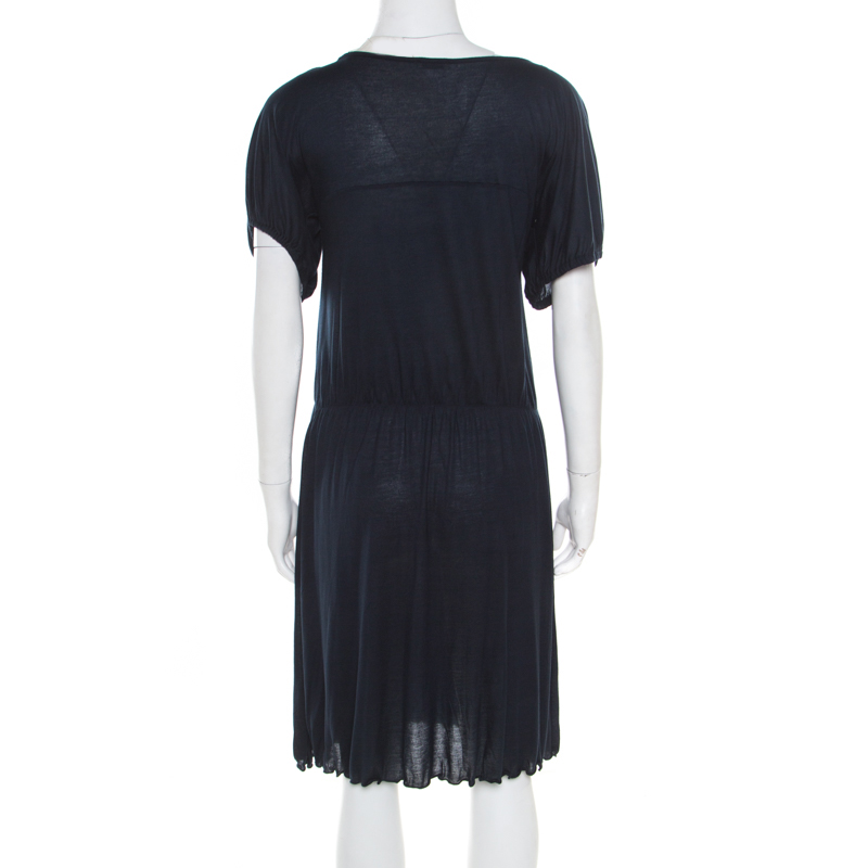 Pre-owned Miu Miu Navy Blue Cotton Jersey Gathered Dress S