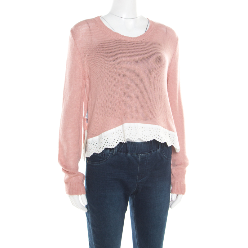 

Miu Miu Pink Contrast Lace Trim Tie Detail Sweater