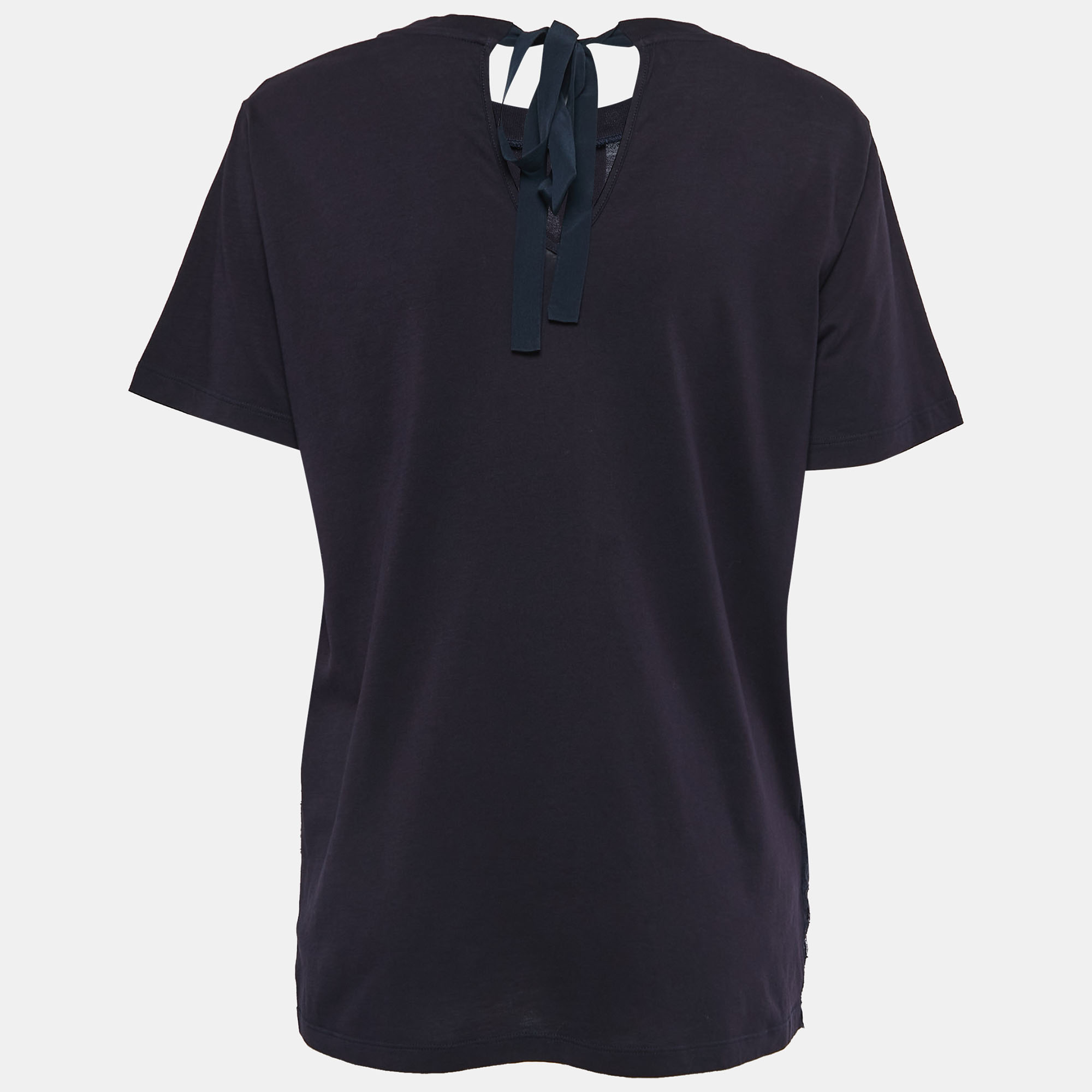 

Miu Miu Navy Blue Jersey Lace Overlay Short Sleeve T-Shirt