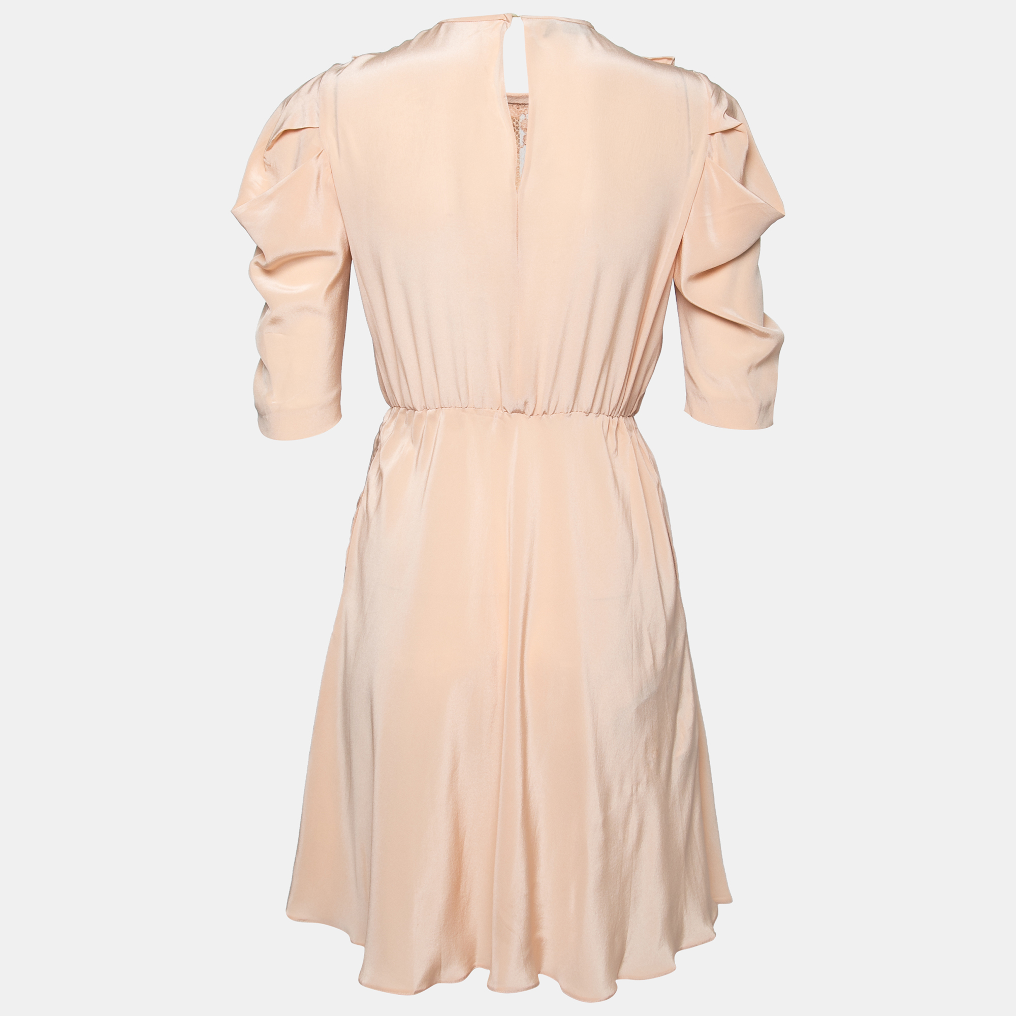 

Miu Miu Beige Silk Lace Insert Pleated Ruffle Trim Dress