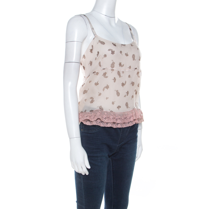 Pre-owned Miu Miu Pale Pink Silk Chiffon And Ruffled Lace Detail Camisole Top M