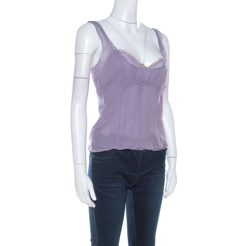 

Miu Miu Lavender Chiffon Silk Lace Trim Scoop Neck Camisole Top, Purple