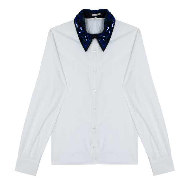 Miu Miu Blue Sequined Collar White Poplin Shirt L