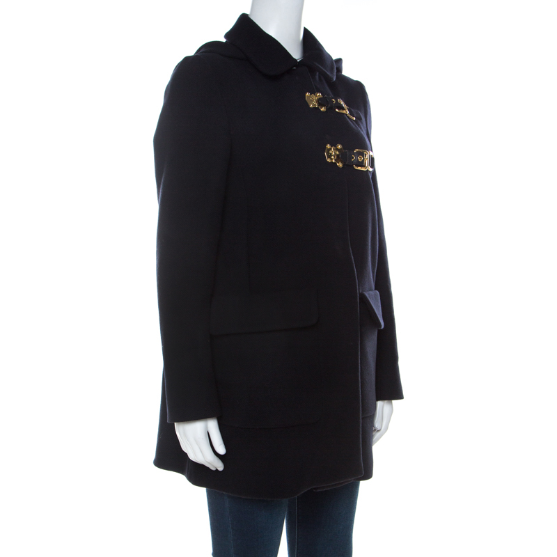 

Miu Miu Black Wool Buckle Detail Hooded Duffle Coat