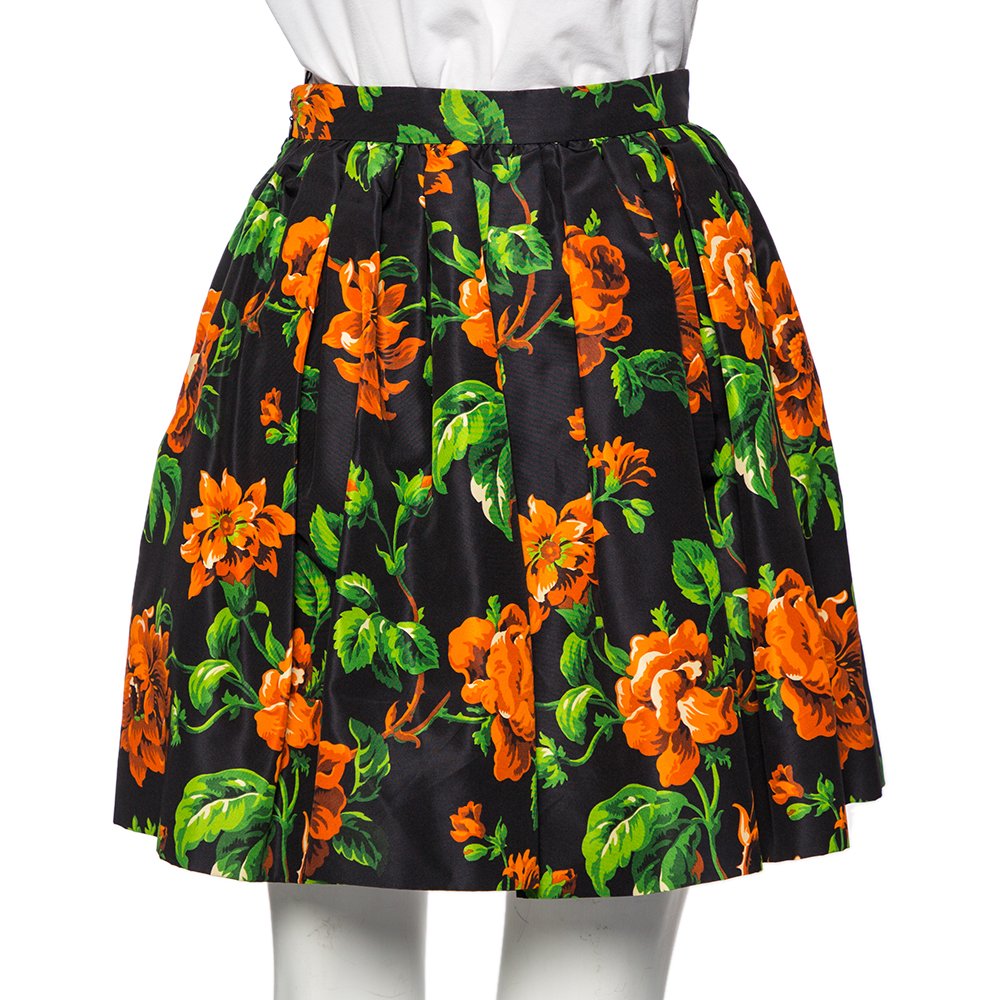 

Miu Miu Black Floral Printed Silk Mini Skater Skirt