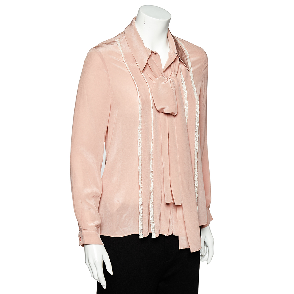 

Miu Miu Pink SIlk Lace Trim Neck Tie Detail Shirt