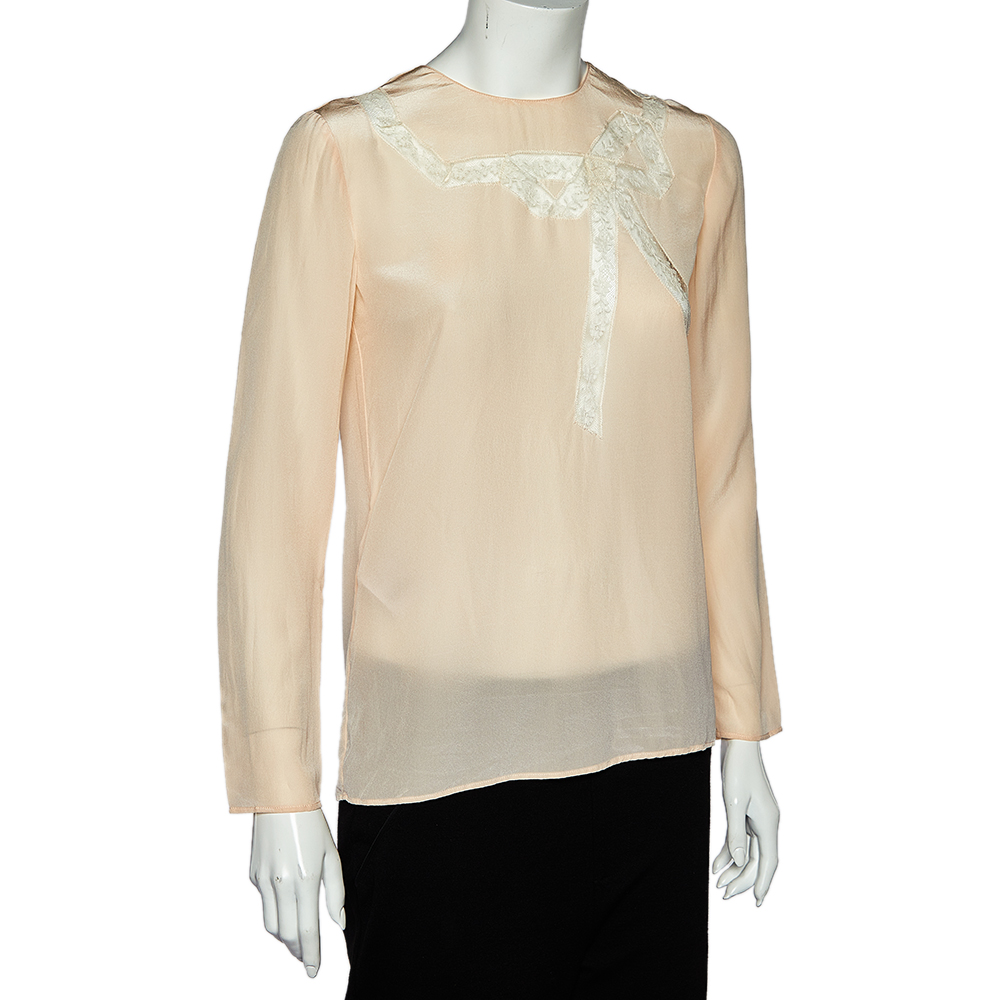 

Miu Miu Cream Silk Bow Lace Detail Long Sleeve Blouse